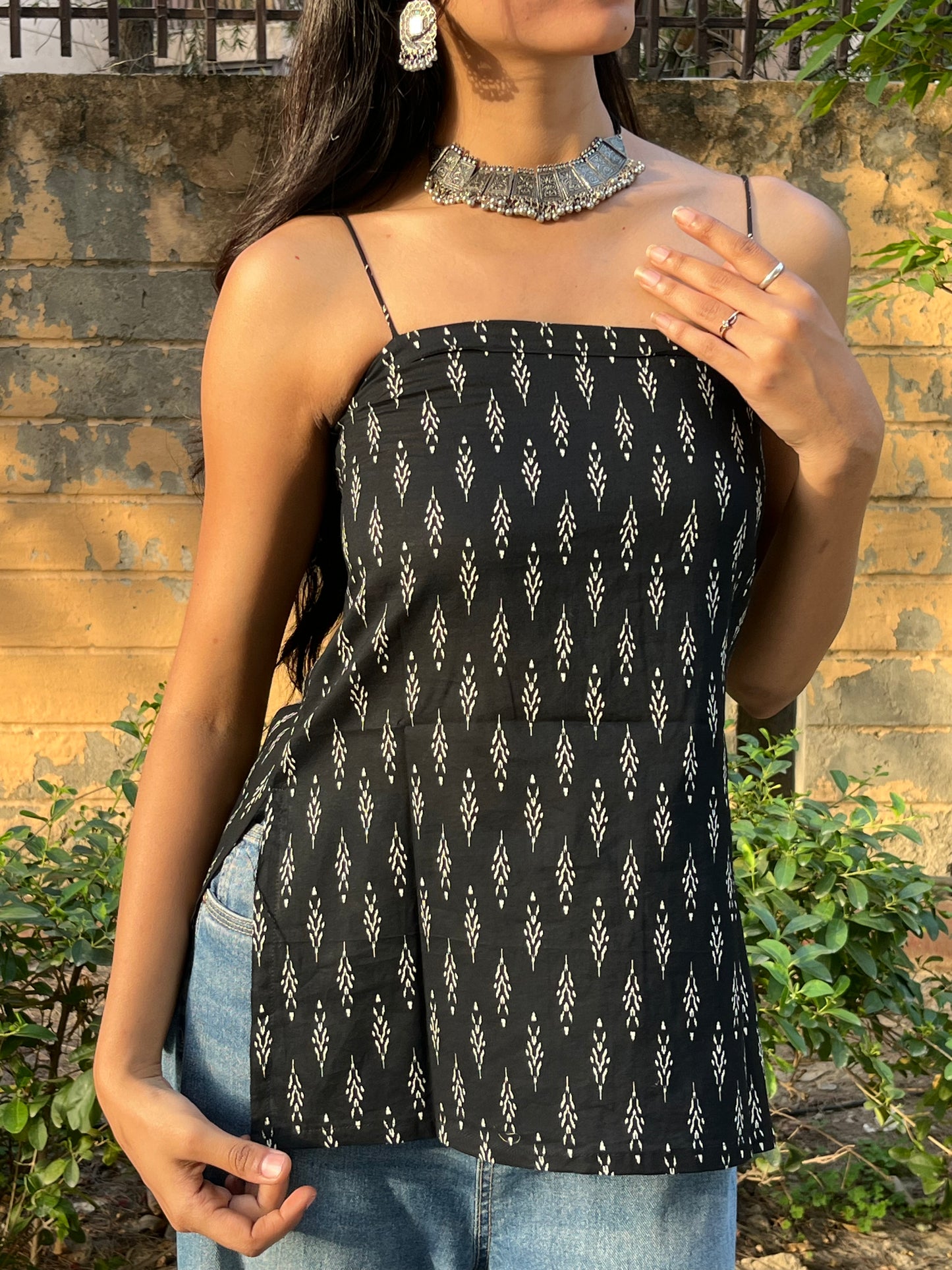 Black Minimal Block Print Cotton Spaghetti Top for Women