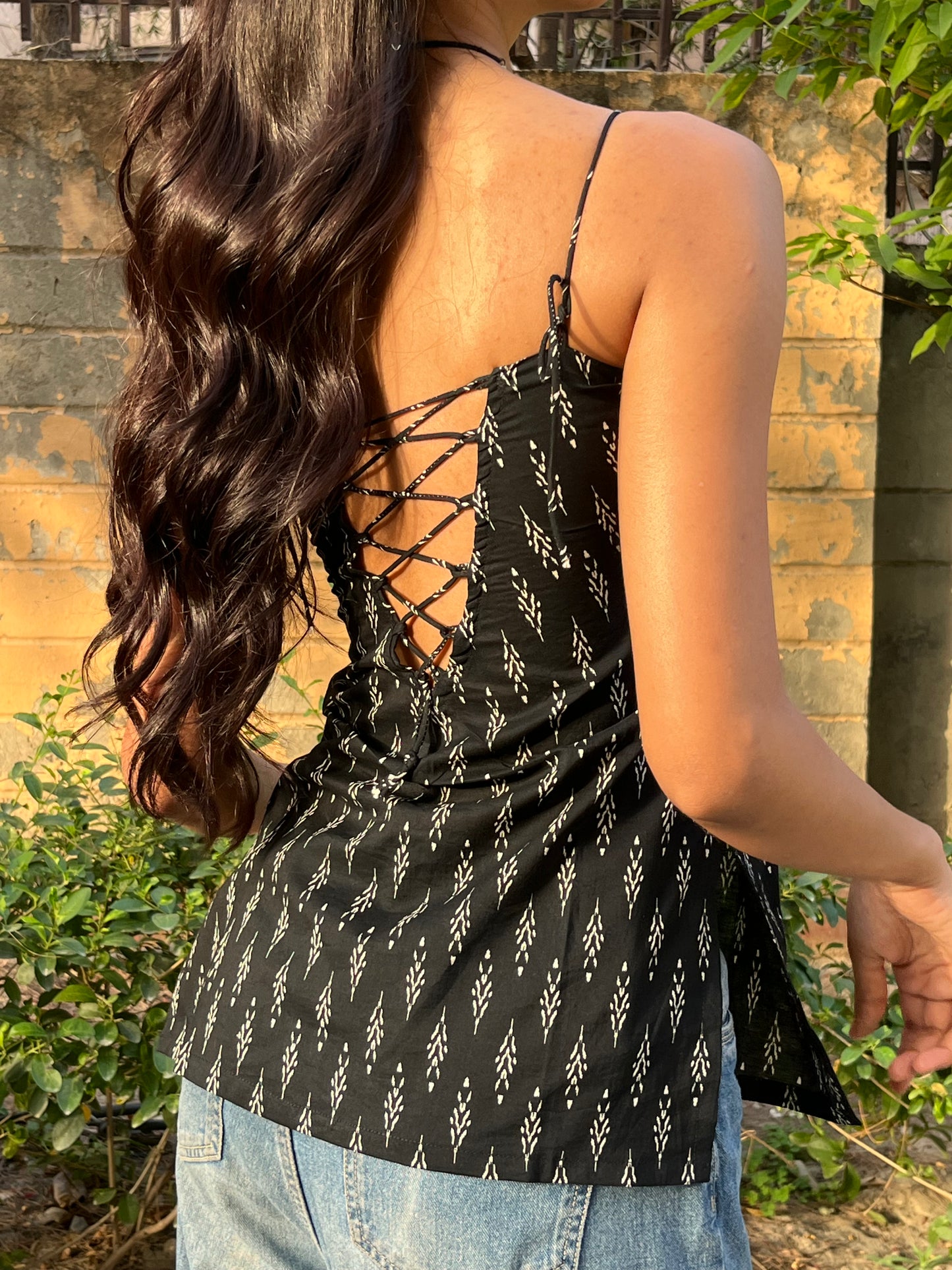 Black Minimal Block Print Cotton Spaghetti Top for Women