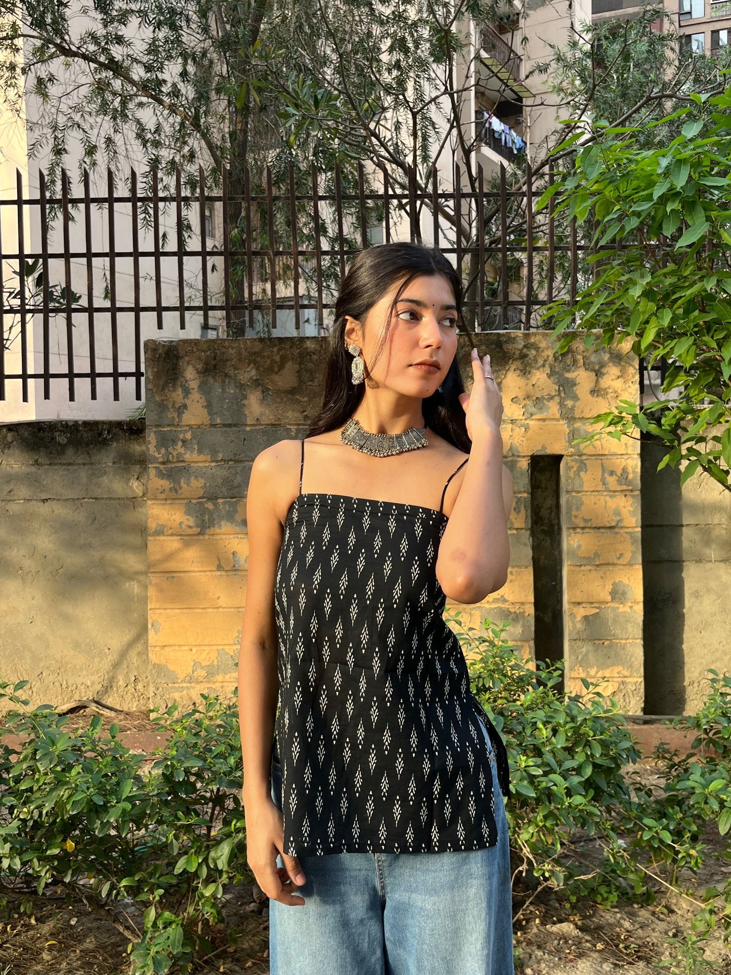 Black Minimal Block Print Cotton Spaghetti Top for Women