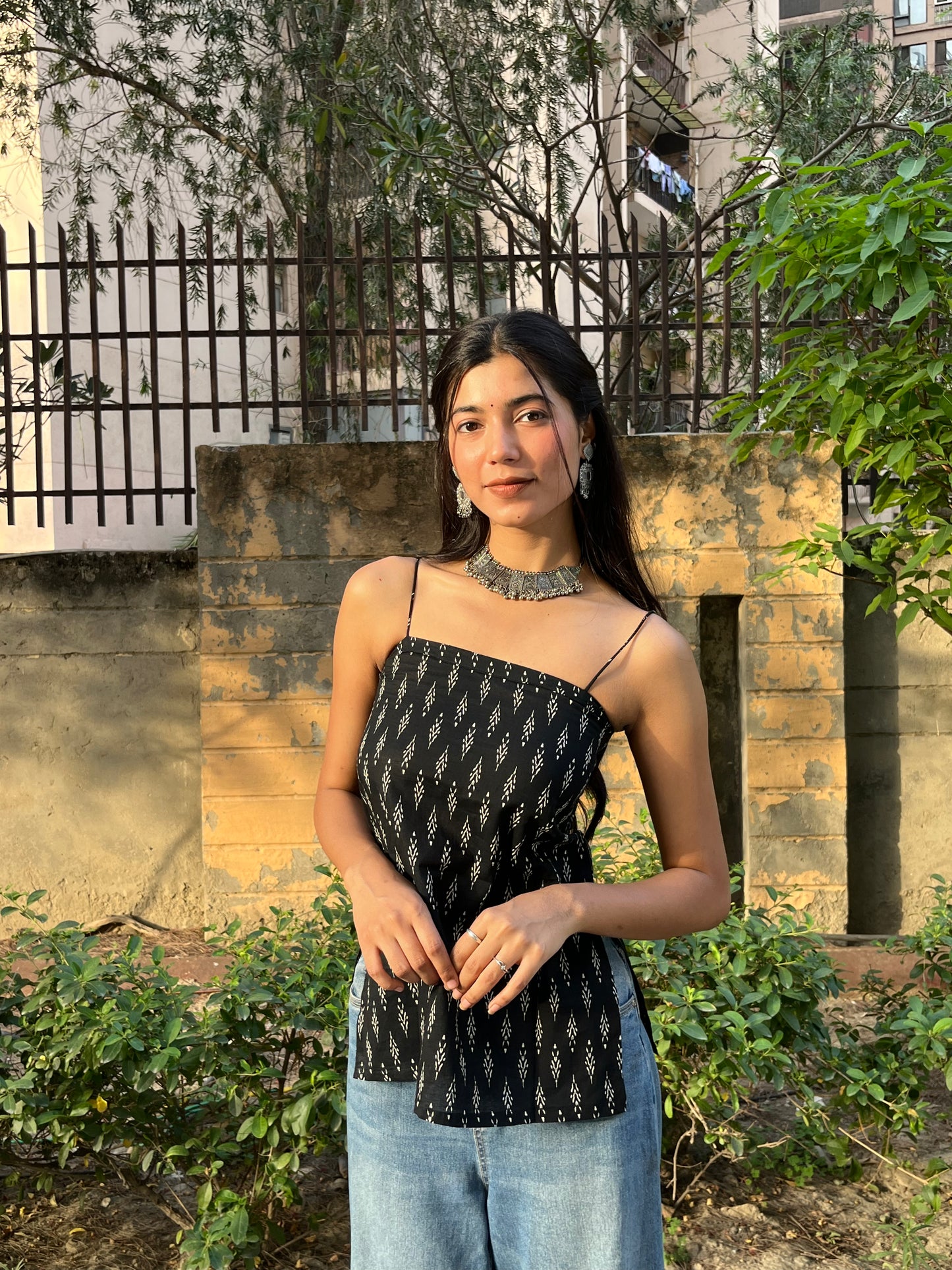 Black Minimal Block Print Cotton Spaghetti Top for Women