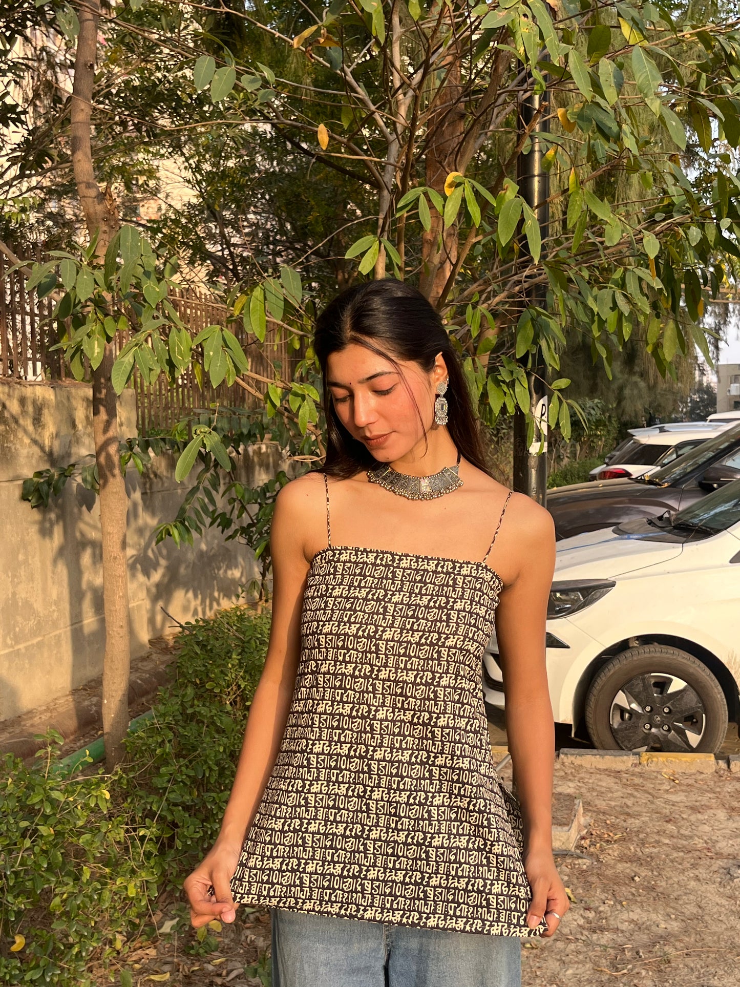 Brown Devnagari Script Print Cotton Spaghetti Top for Women