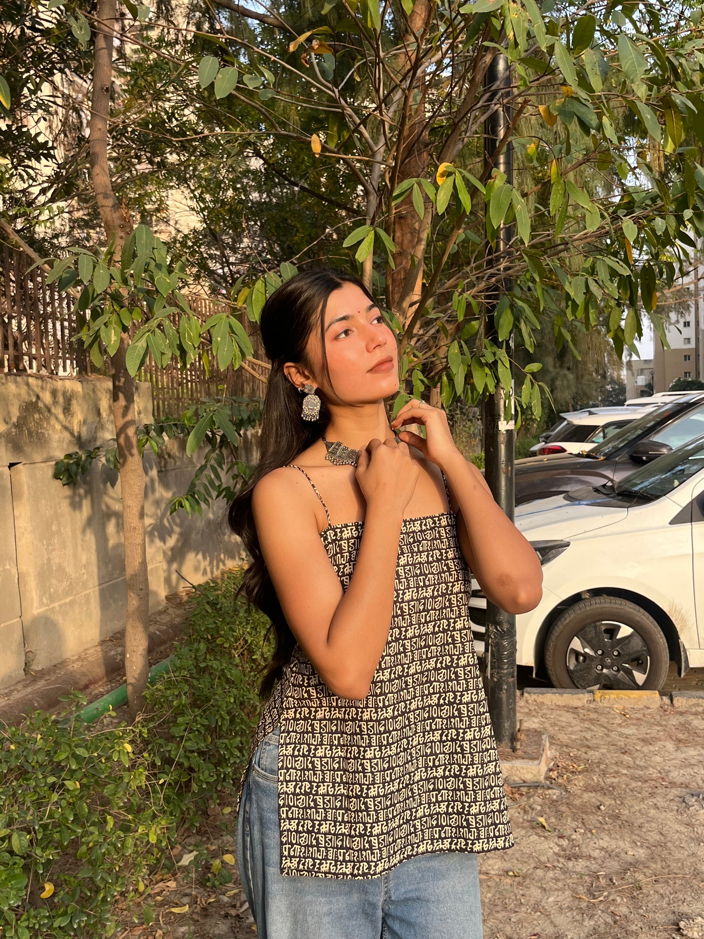 Brown Devnagari Script Print Cotton Spaghetti Top for Women