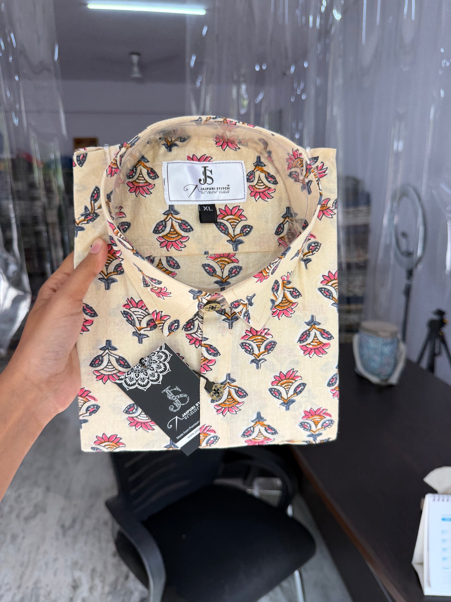 Plus Size Light Beige booti Printed Mens Half Sleeves Shirt