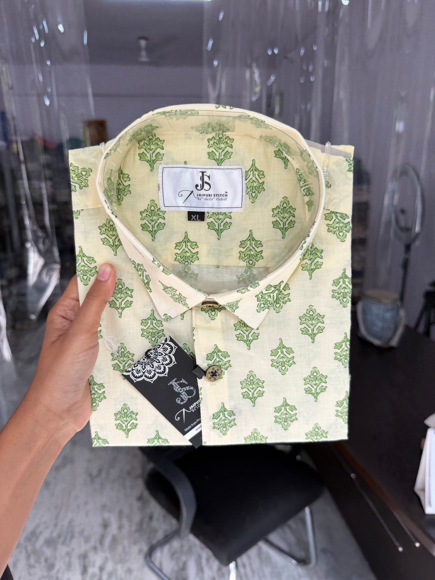 Plus Size Ivory Green Booti Printed Men's Half Sleeves Cotton Shirt
