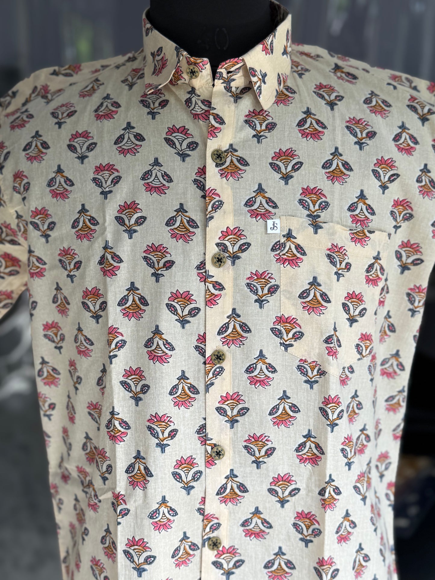 Plus Size Light Beige booti Printed Mens Half Sleeves Shirt