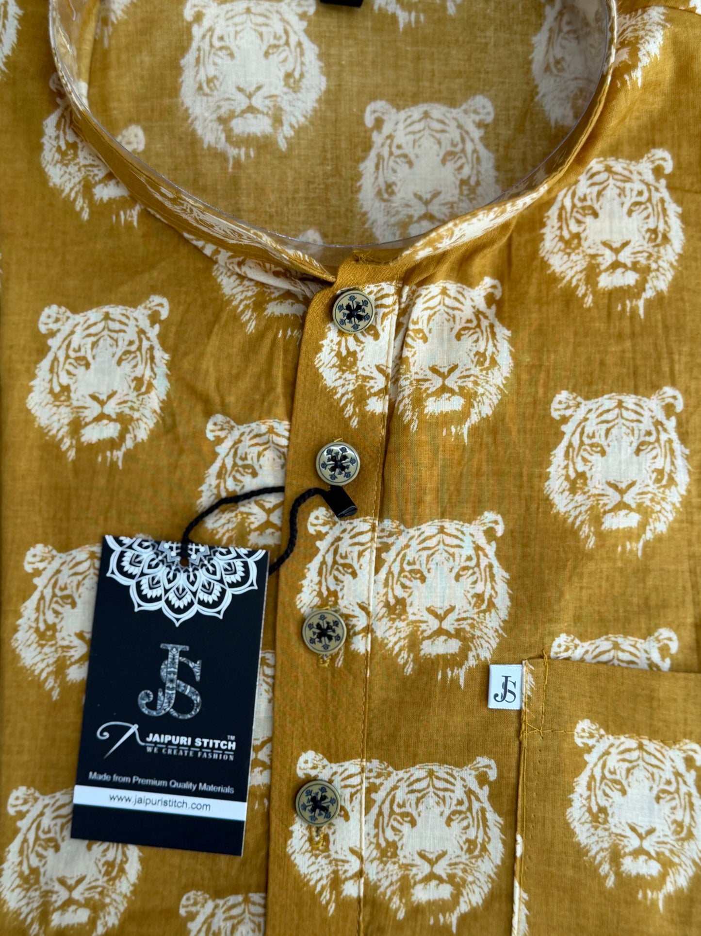 Mustard Tiger Face Printed Full Sleeves Short Kurta for Men