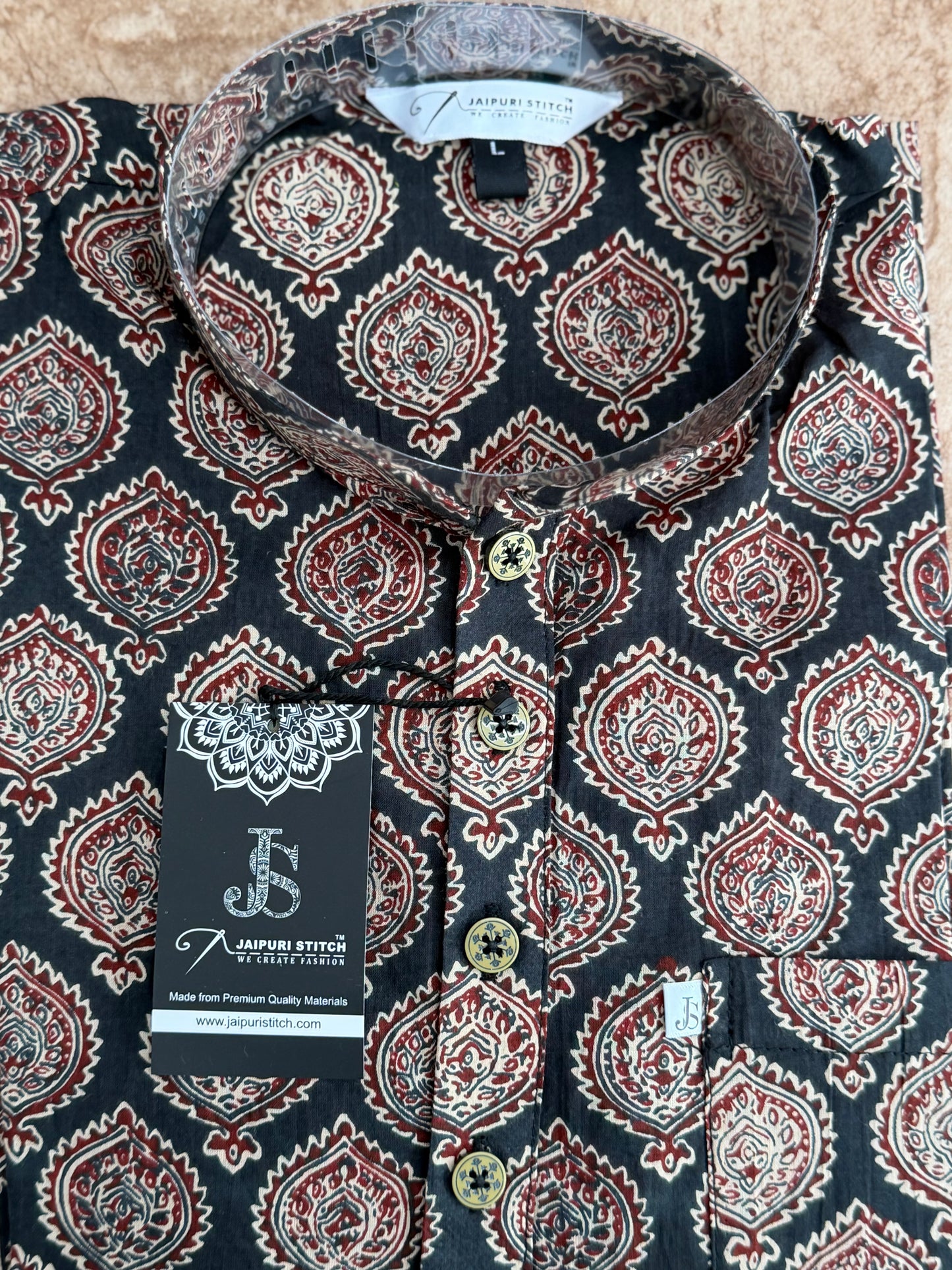 Black Handblock Printed Full Sleeves Short Kurta