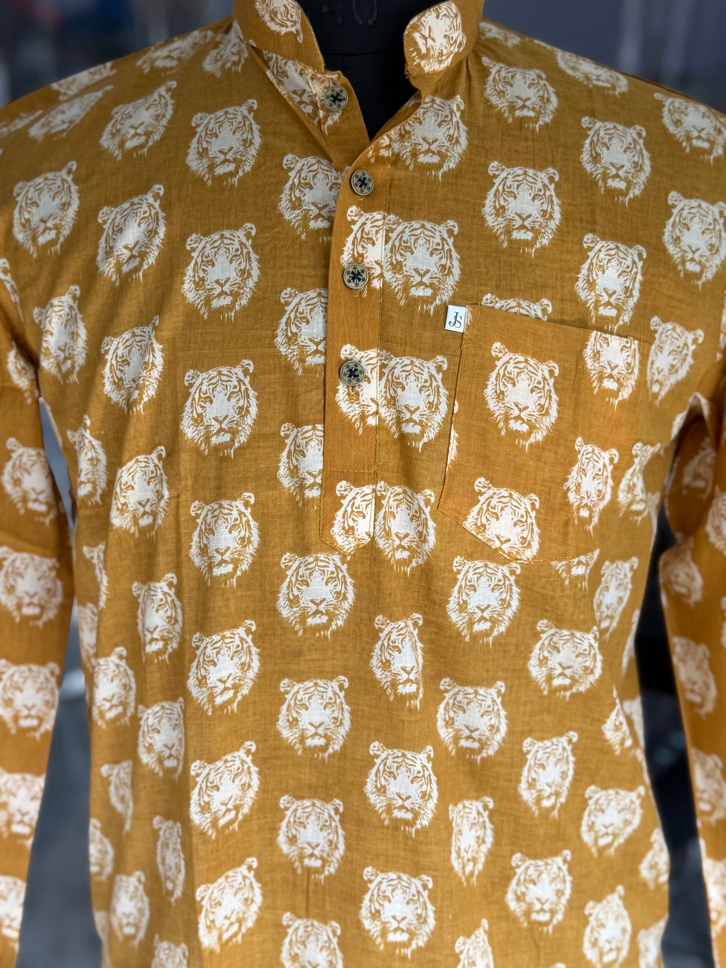 Mustard Tiger Face Printed Full Sleeves Short Kurta for Men