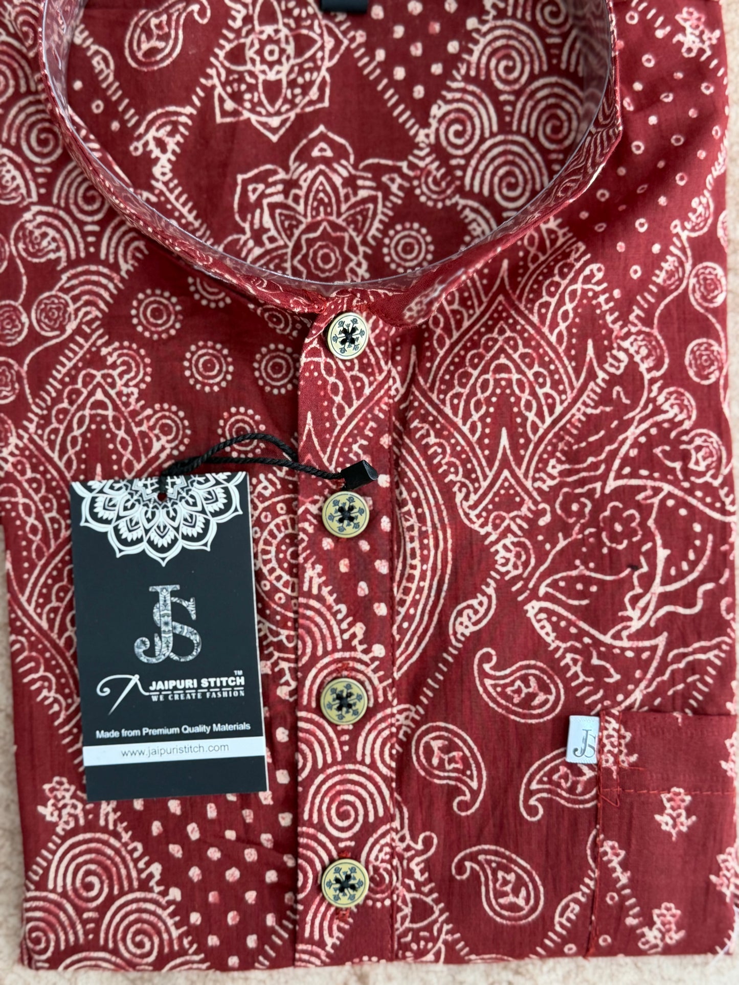 Brick Red Barfi Patchwork Printed Full Sleeves Short Kurta