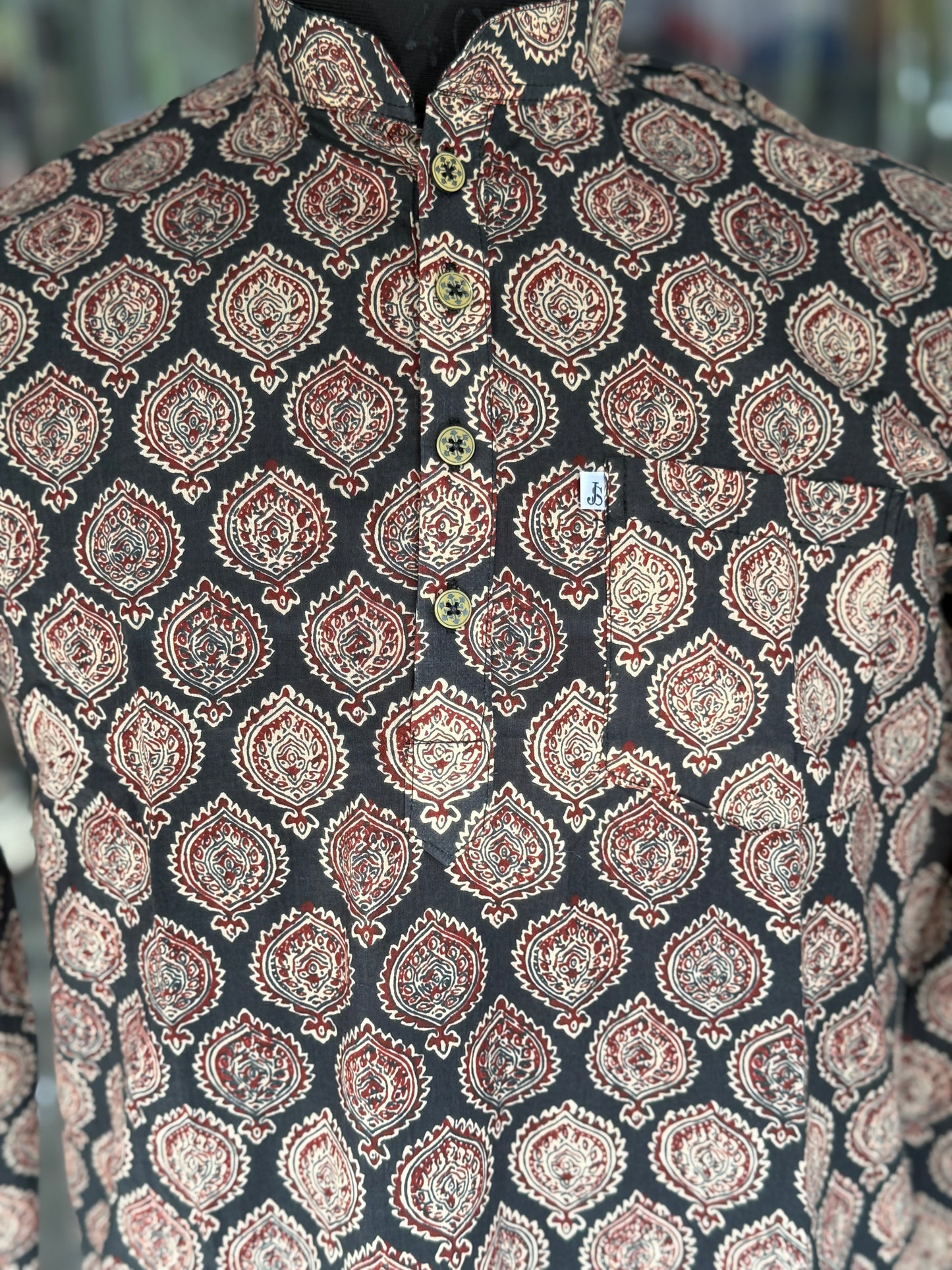 Black Handblock Printed Full Sleeves Short Kurta