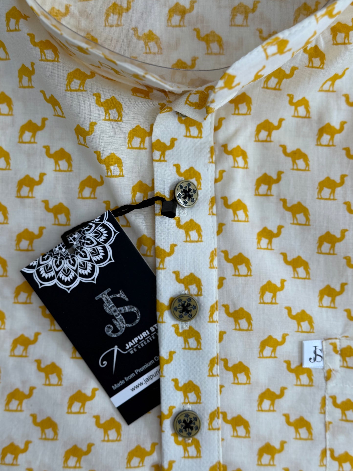 Full Sleeves Short Kurta for Men White Yellow Small Camel