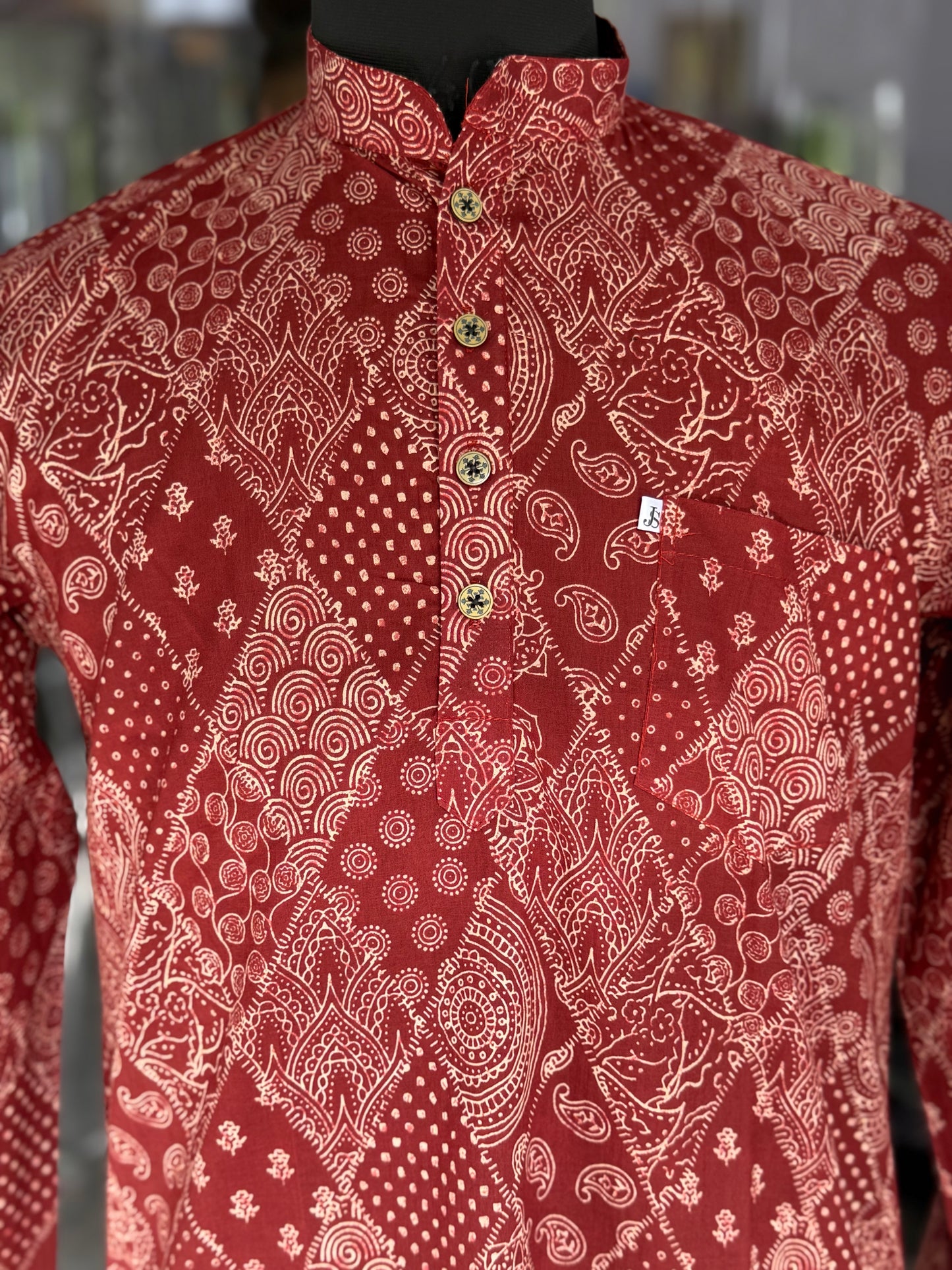 Brick Red Barfi Patchwork Printed Full Sleeves Short Kurta