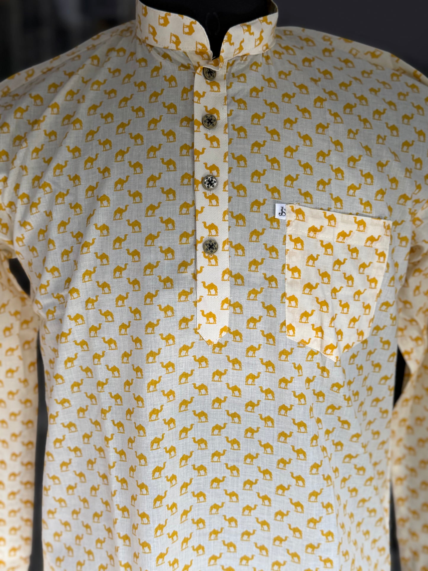 Full Sleeves Short Kurta for Men White Yellow Small Camel