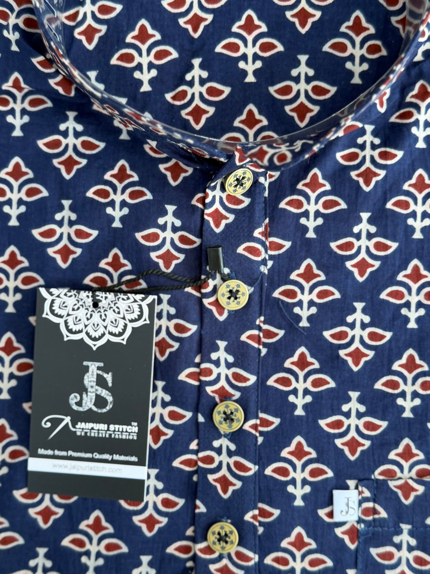New Navy Red Booti Printed Full Sleeves Short Kurta for Men
