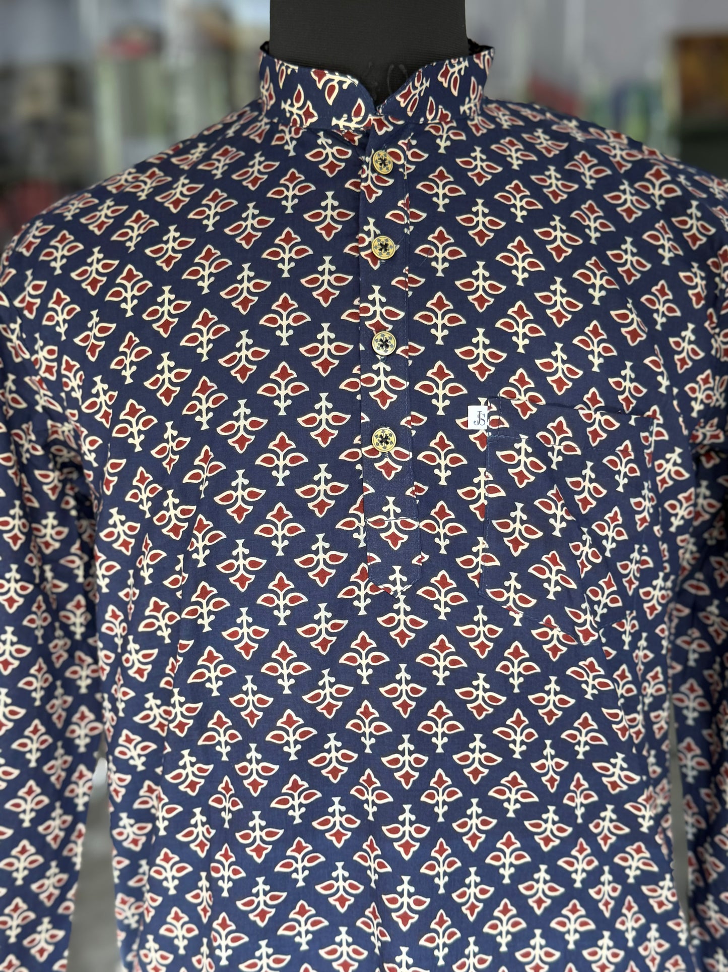 New Navy Red Booti Printed Full Sleeves Short Kurta for Men