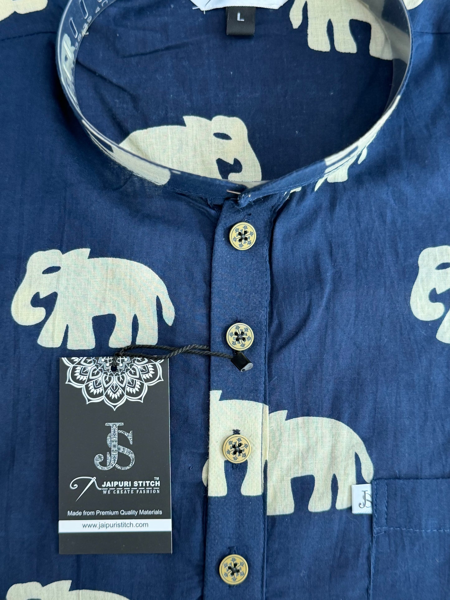 Navy BLue Big elephant Printed Full Sleeves Short Kurta for Men