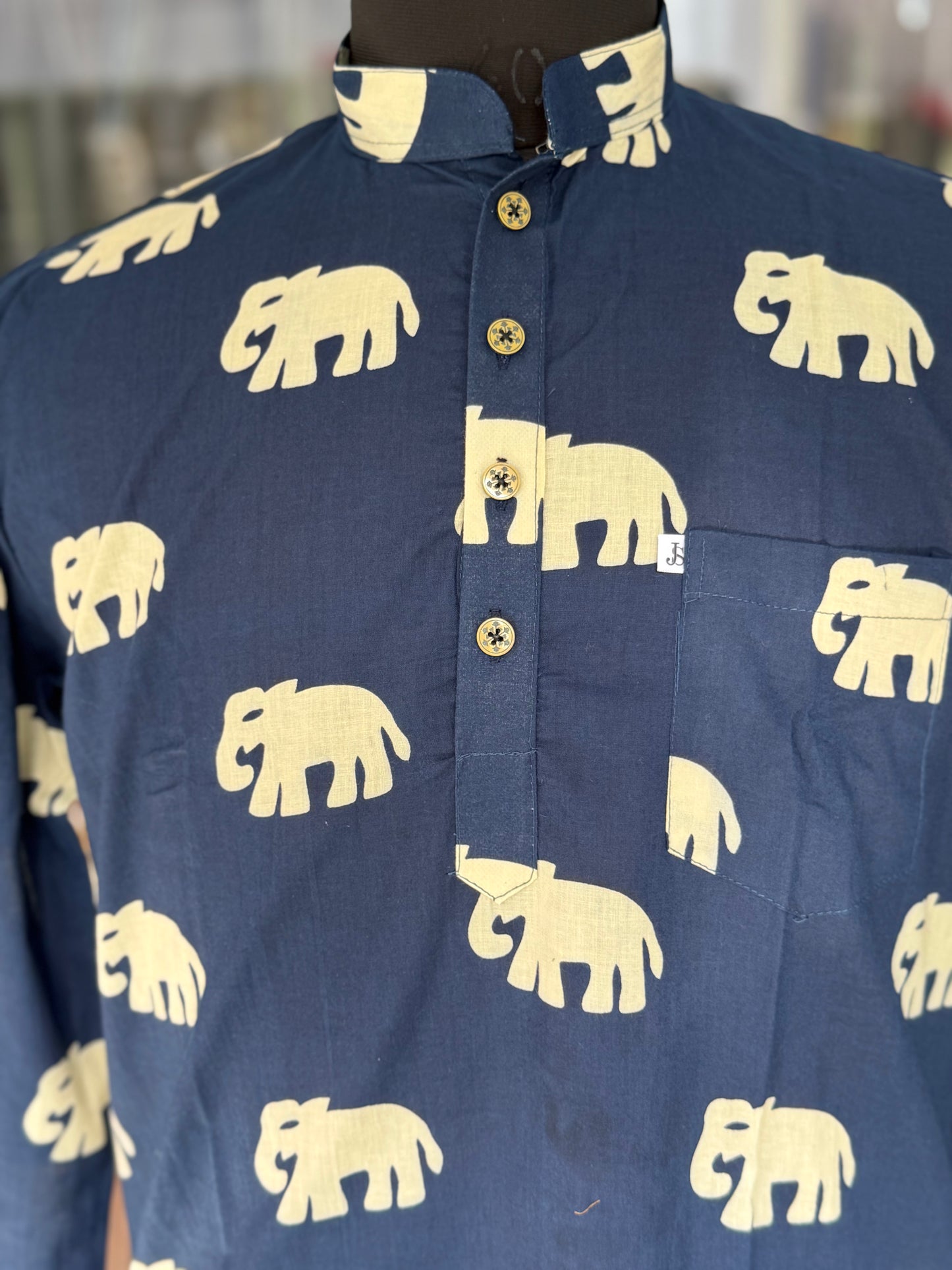 Navy BLue Big elephant Printed Full Sleeves Short Kurta for Men
