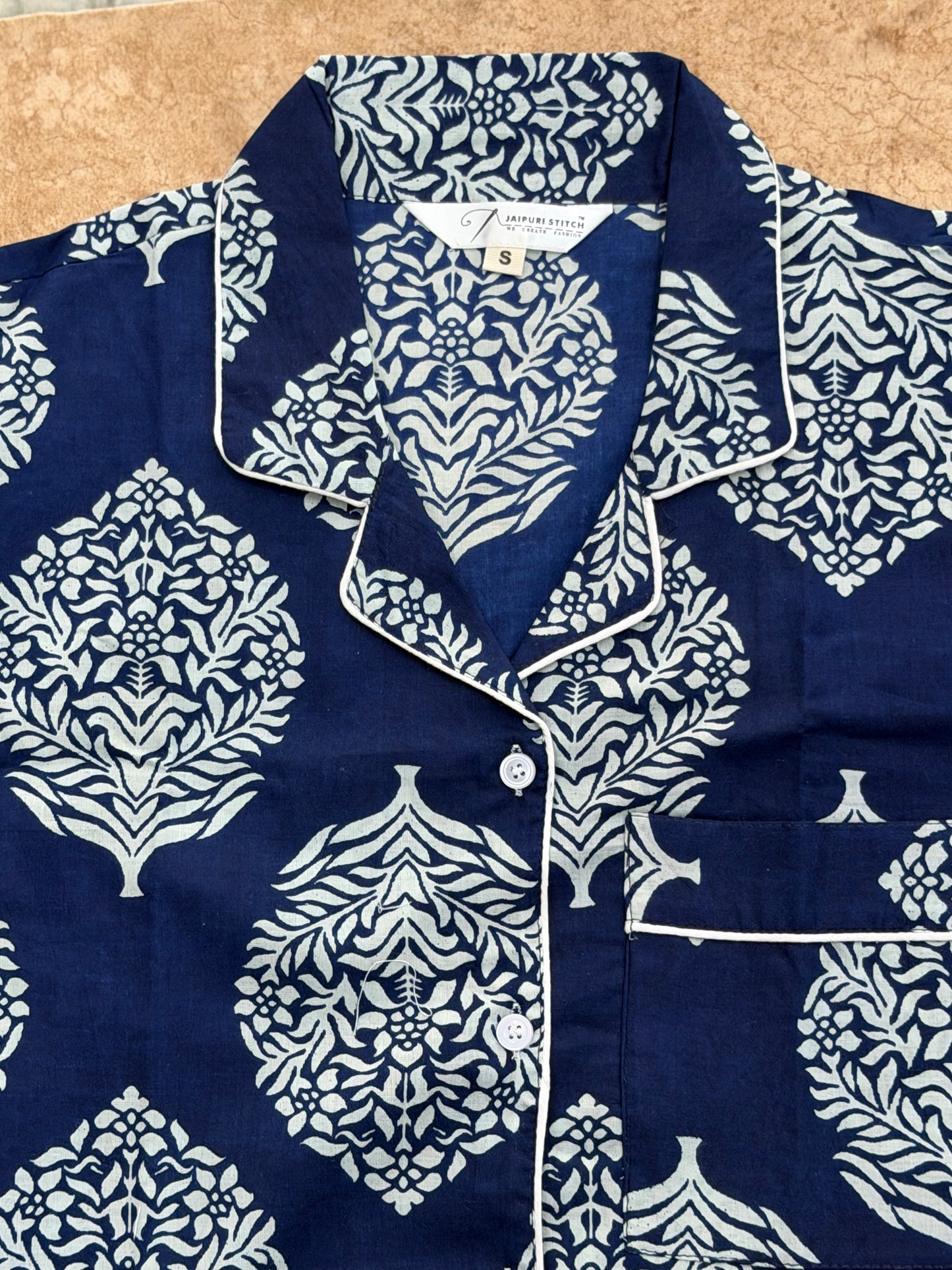 Navy Floral Cotton Night Suit for Women