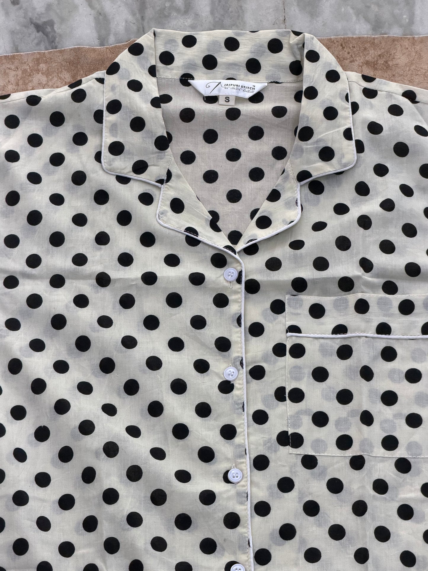White Black Polka Dot Cotton Night Suit for Women