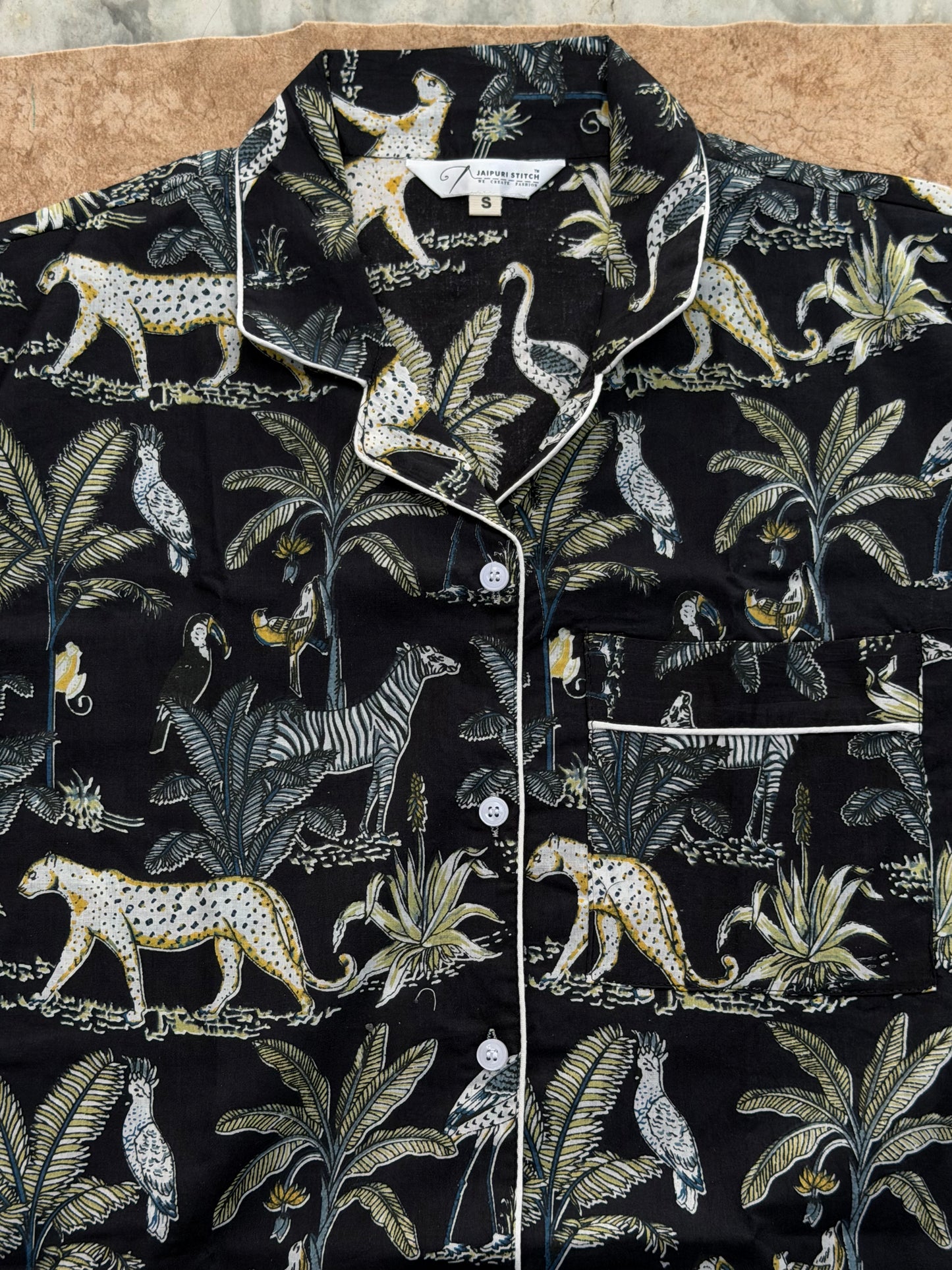 Black Jungle Print Cotton Night Suit for Women