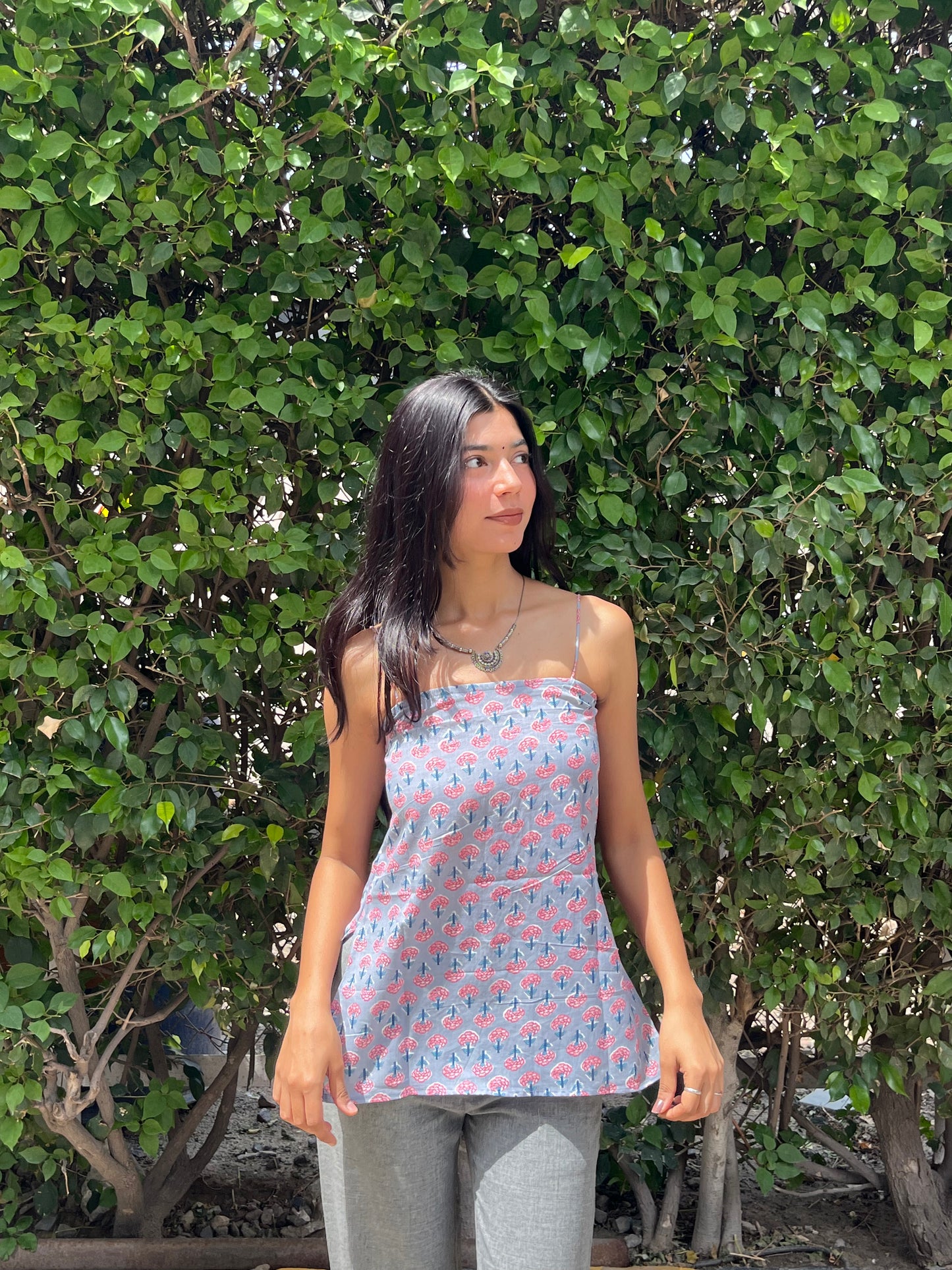 Lilac Floral Buta Print Cotton Spaghetti Top for Women