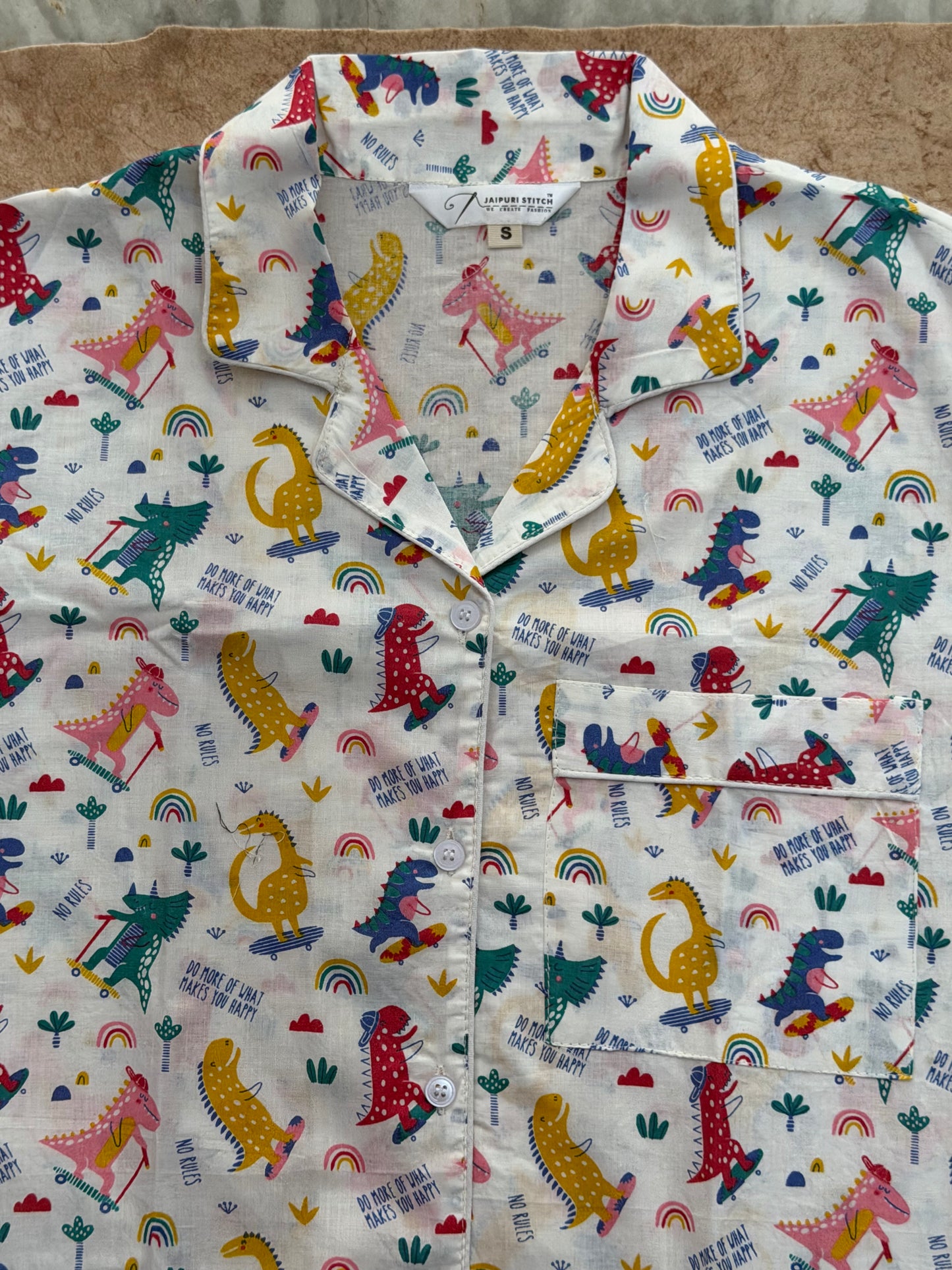 Multicolor Dinosaur Print Women's Cotton Night Suit