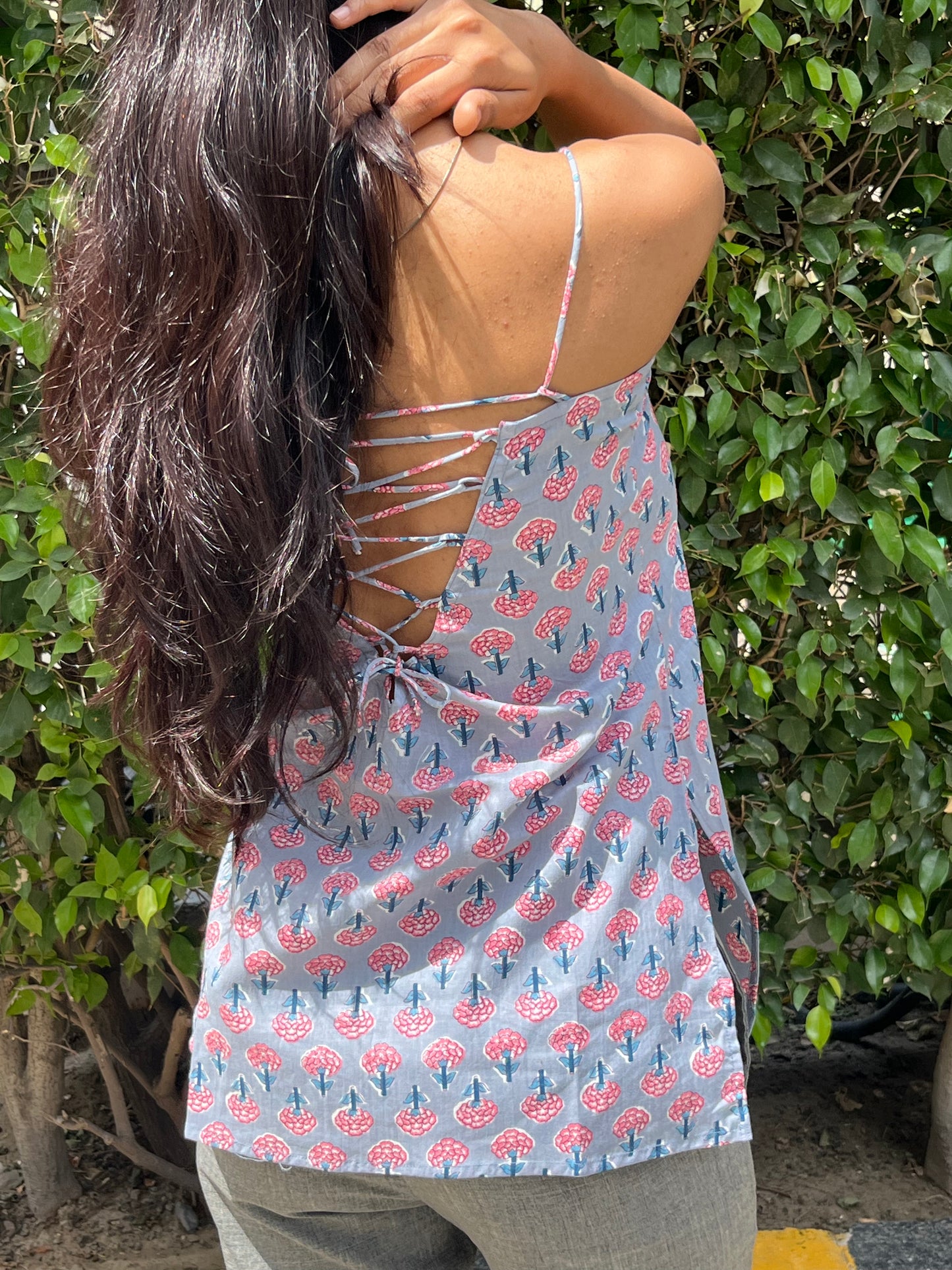 Lilac Floral Buta Print Cotton Spaghetti Top for Women
