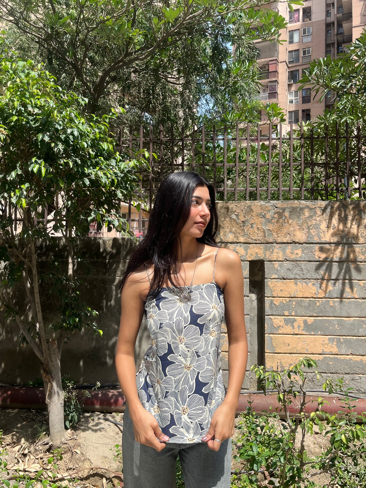 Navy Blue Floral Print Cotton Spaghetti Top for Women