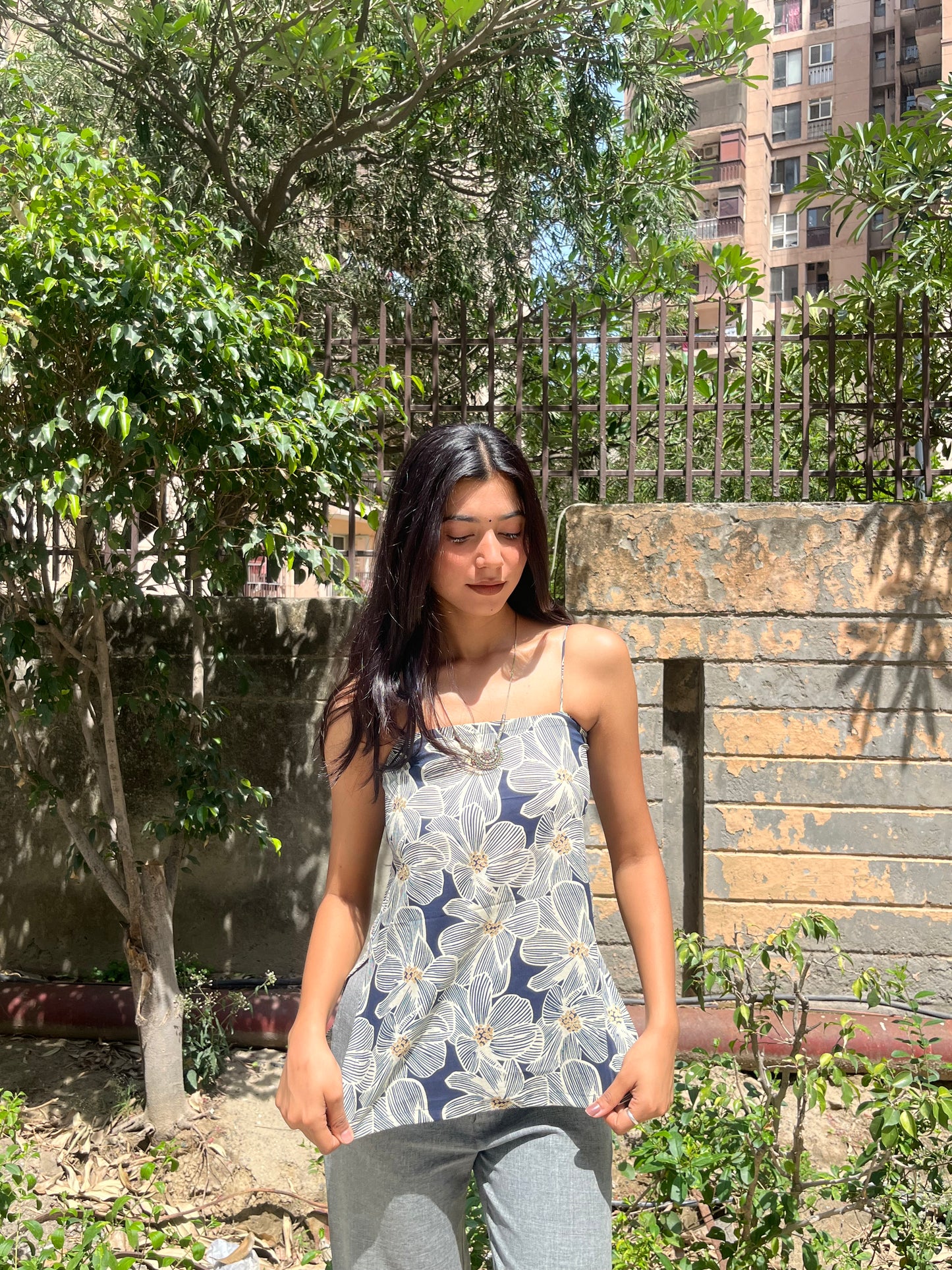 Navy Blue Floral Print Cotton Spaghetti Top for Women