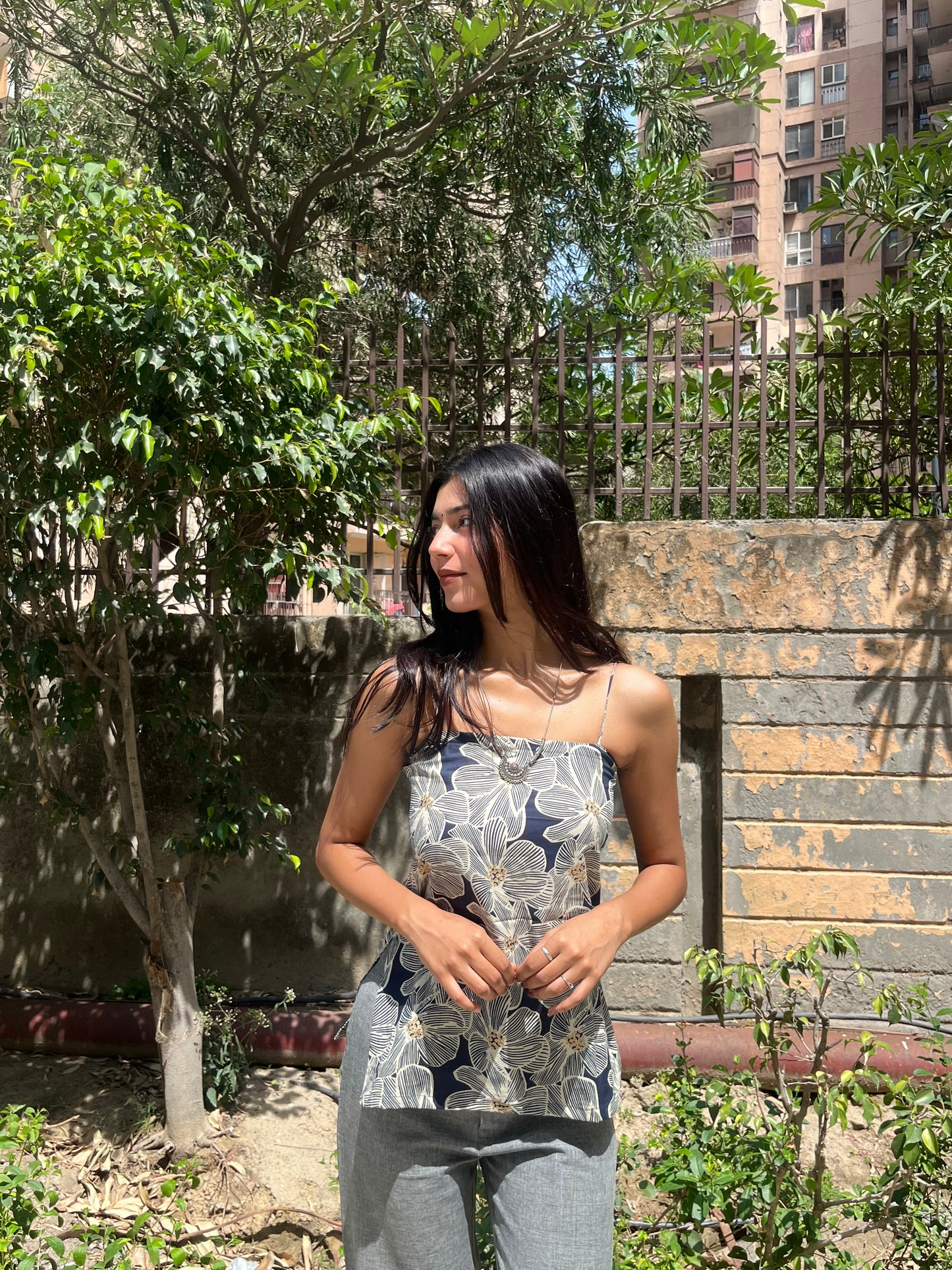 Navy Blue Floral Print Cotton Spaghetti Top for Women