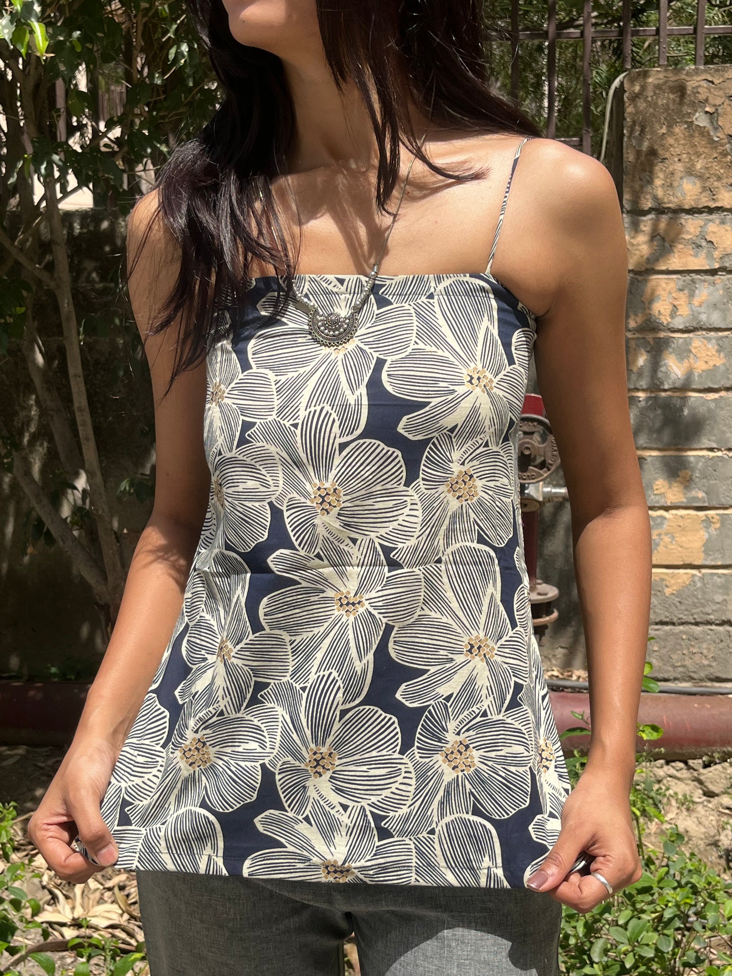 Navy Blue Floral Print Cotton Spaghetti Top for Women