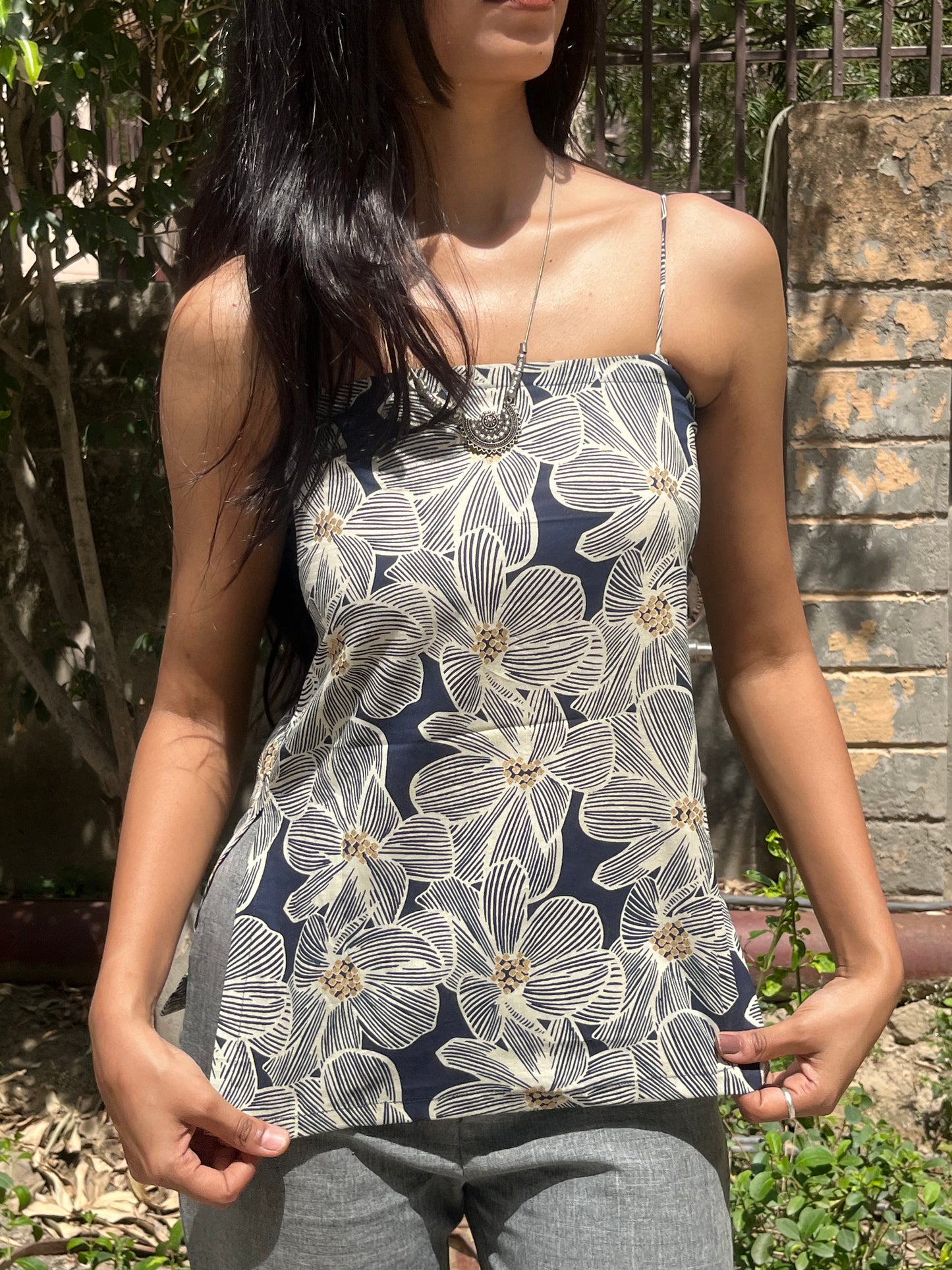 Navy Blue Floral Print Cotton Spaghetti Top for Women