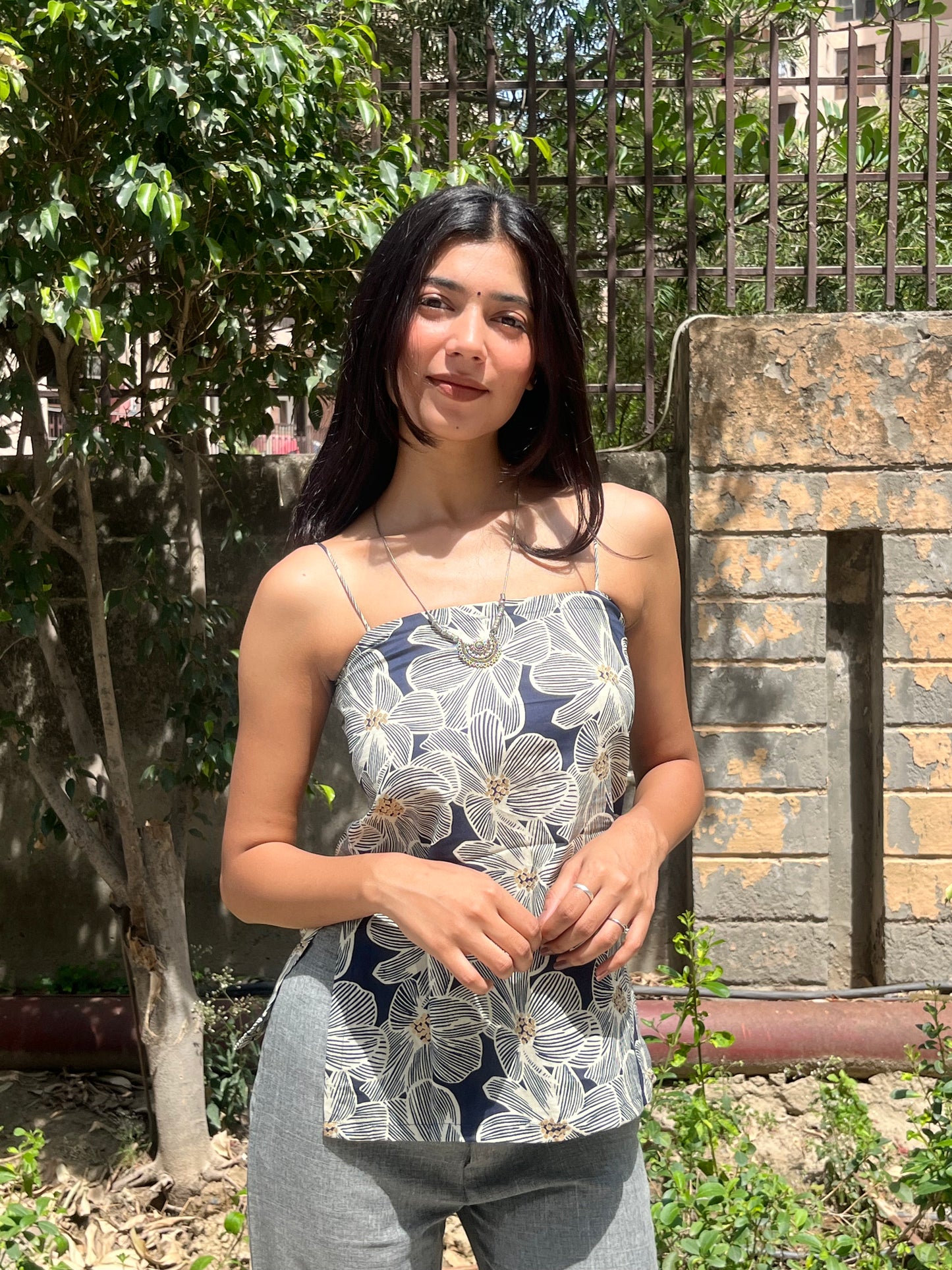 Navy Blue Floral Print Cotton Spaghetti Top for Women