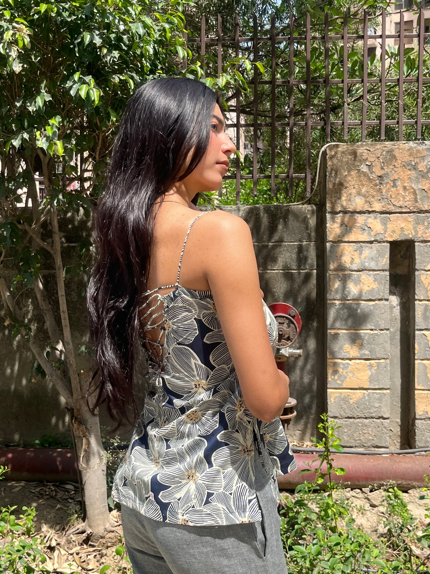 Navy Blue Floral Print Cotton Spaghetti Top for Women