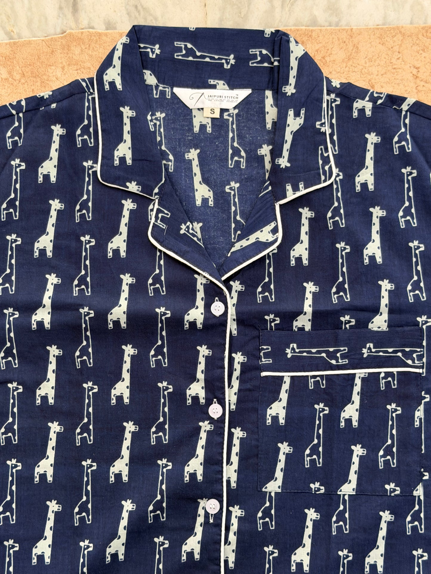 Navy Giraffe Print Women's Cotton Night Suit