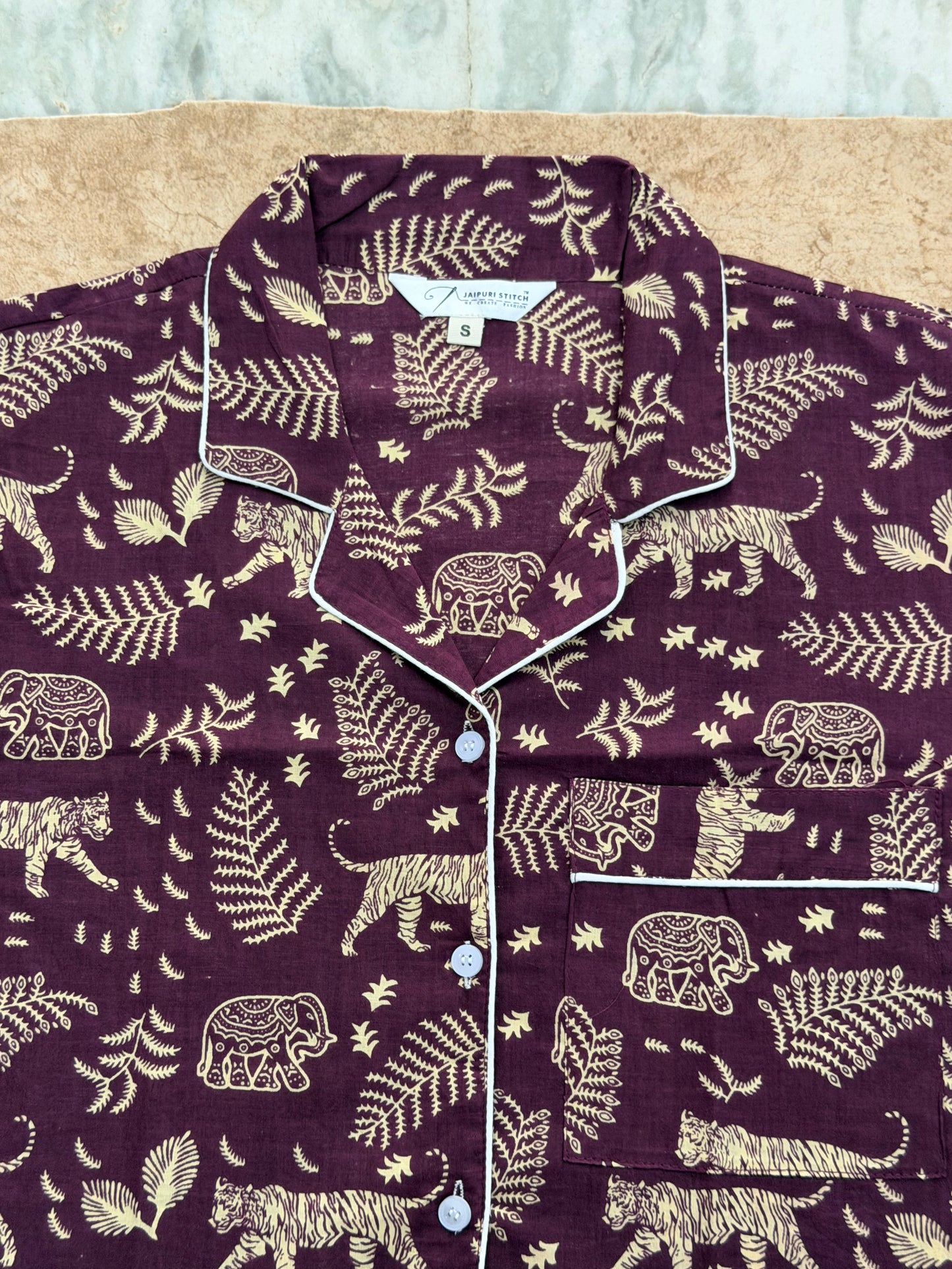 Wine Jungle Print Women's Cotton Night Suit