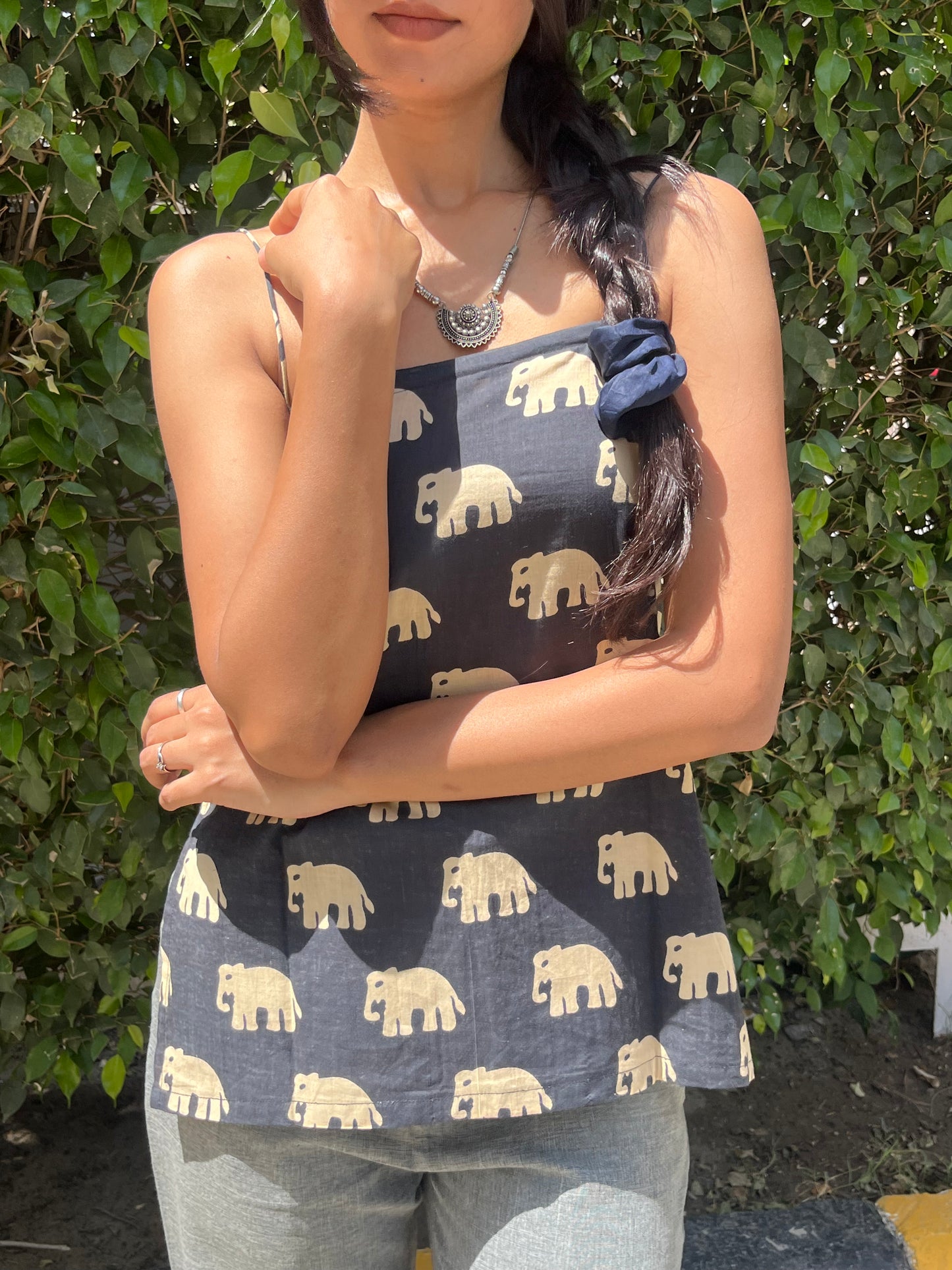 Black Elephant Print Cotton Spaghetti Top for Women