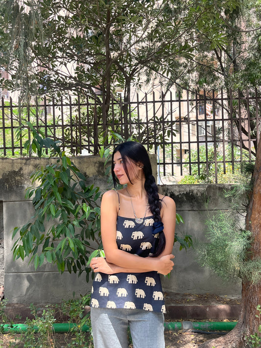 Black Elephant Print Cotton Spaghetti Top for Women