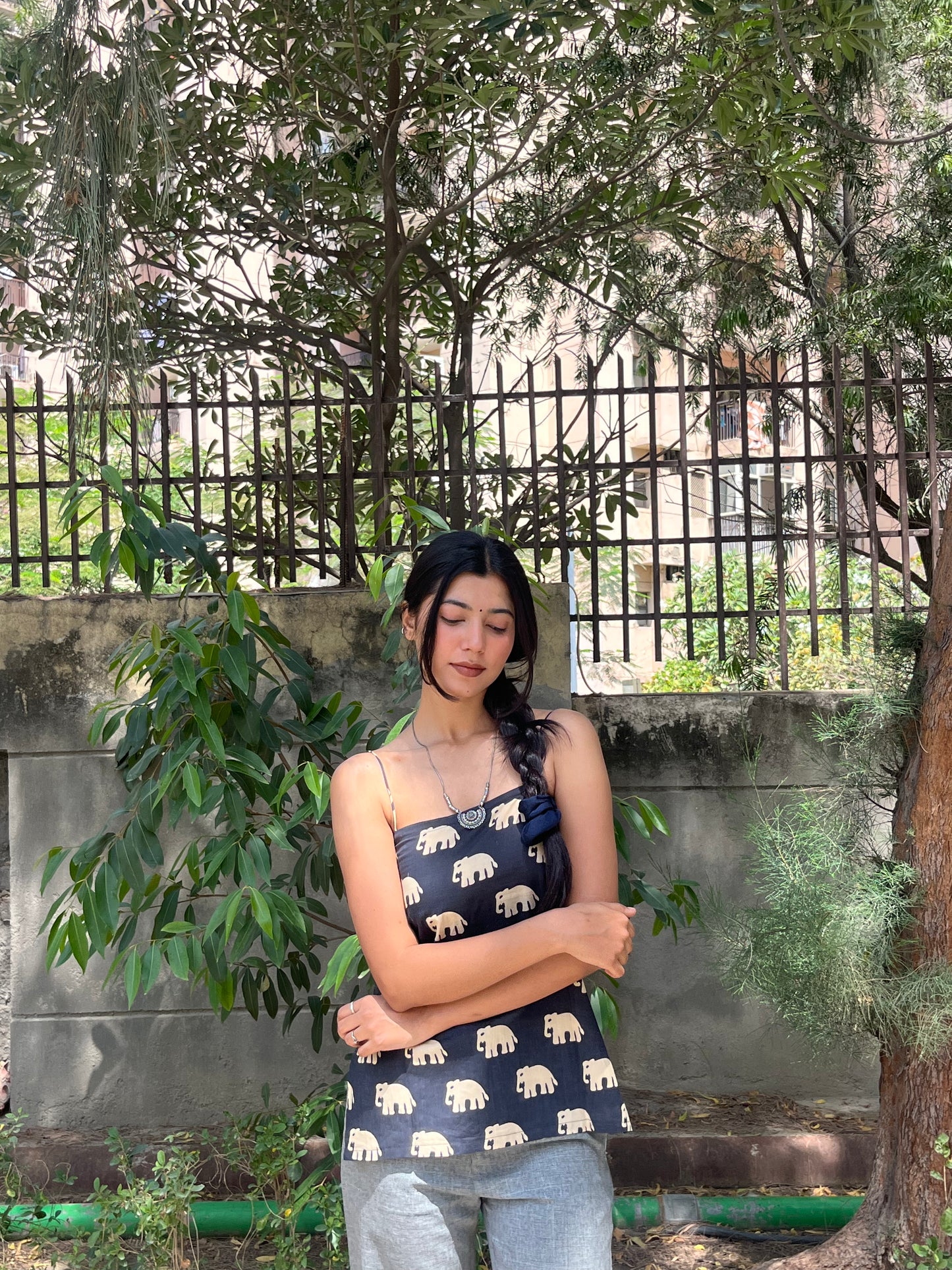 Black Elephant Print Cotton Spaghetti Top for Women