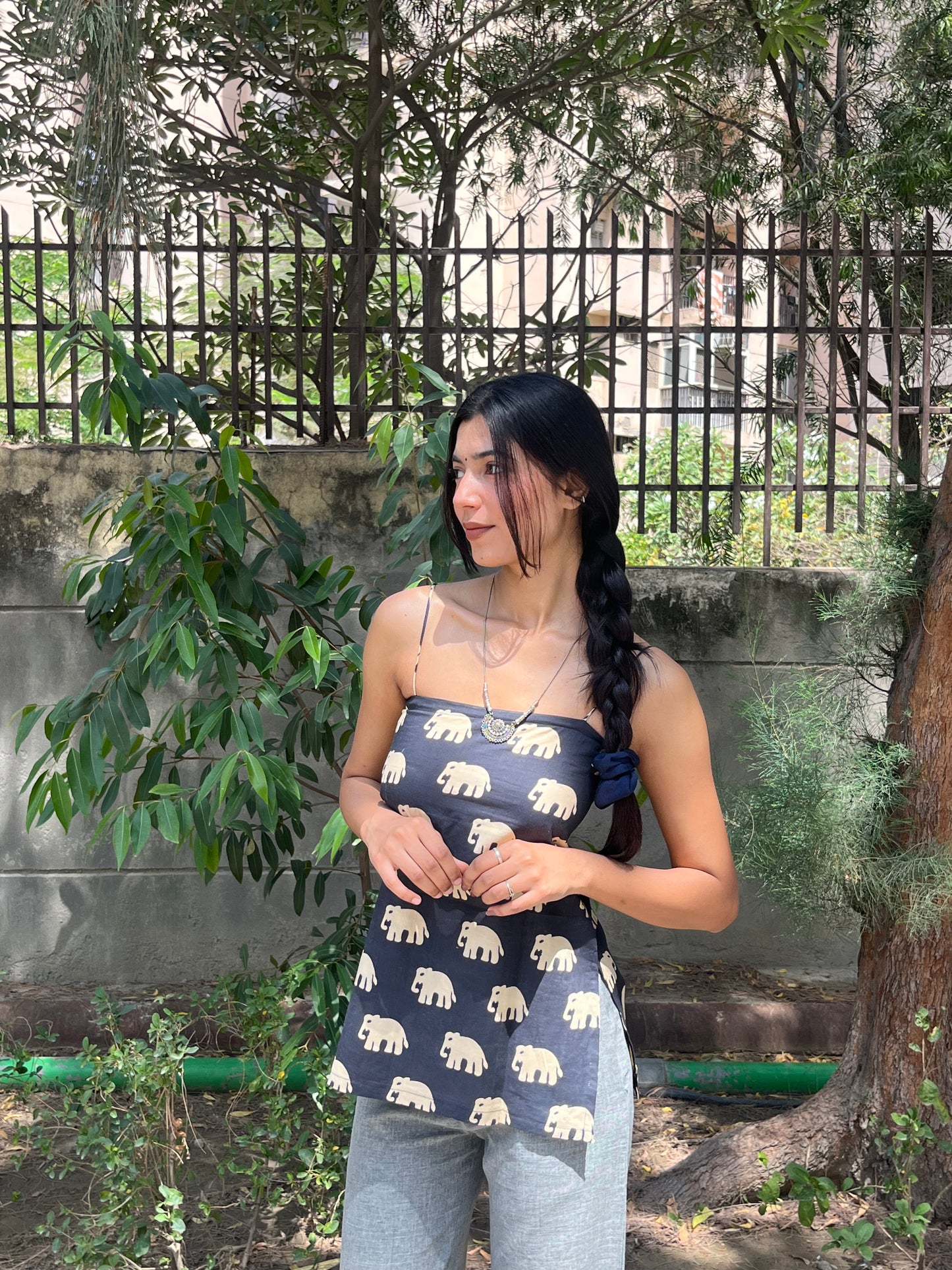 Black Elephant Print Cotton Spaghetti Top for Women