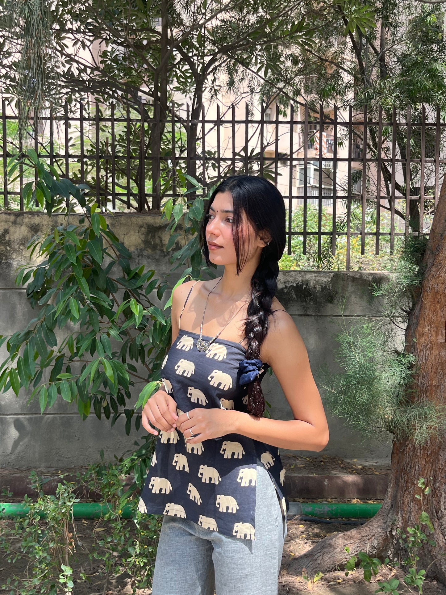 Black Elephant Print Cotton Spaghetti Top for Women