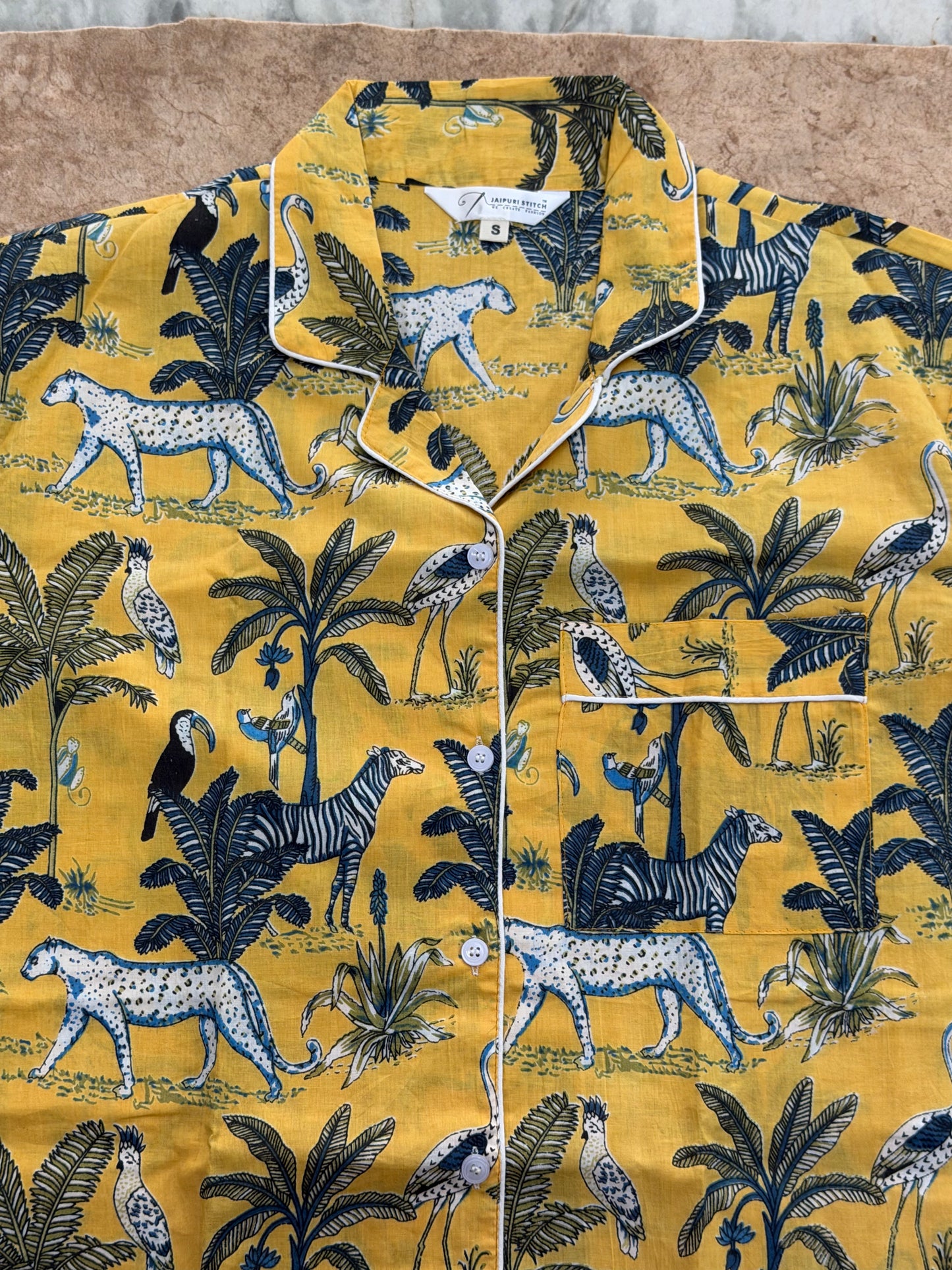 Yellow Jungle Print Women's Cotton Night Suit