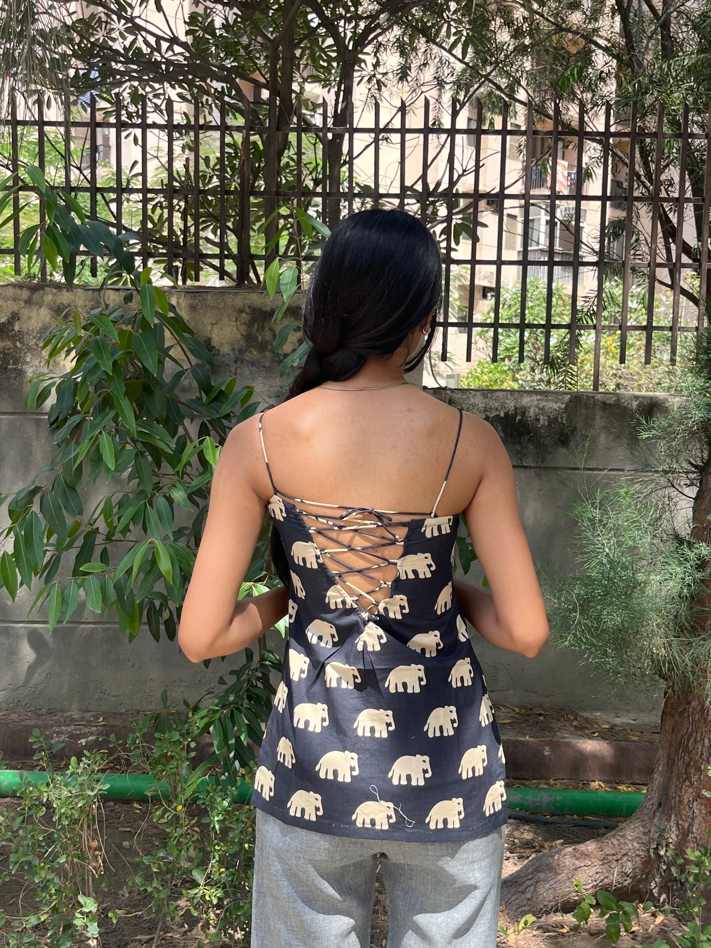 Black Elephant Print Cotton Spaghetti Top for Women
