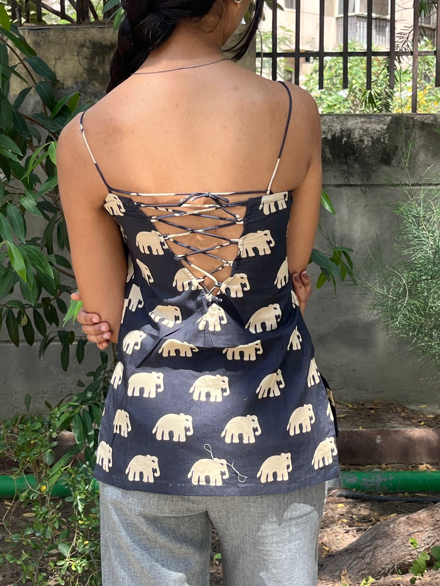 Black Elephant Print Cotton Spaghetti Top for Women