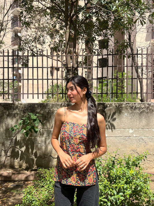 Dark Navy Blue Kalamkari Floral Print Cotton Spaghetti Top for Women