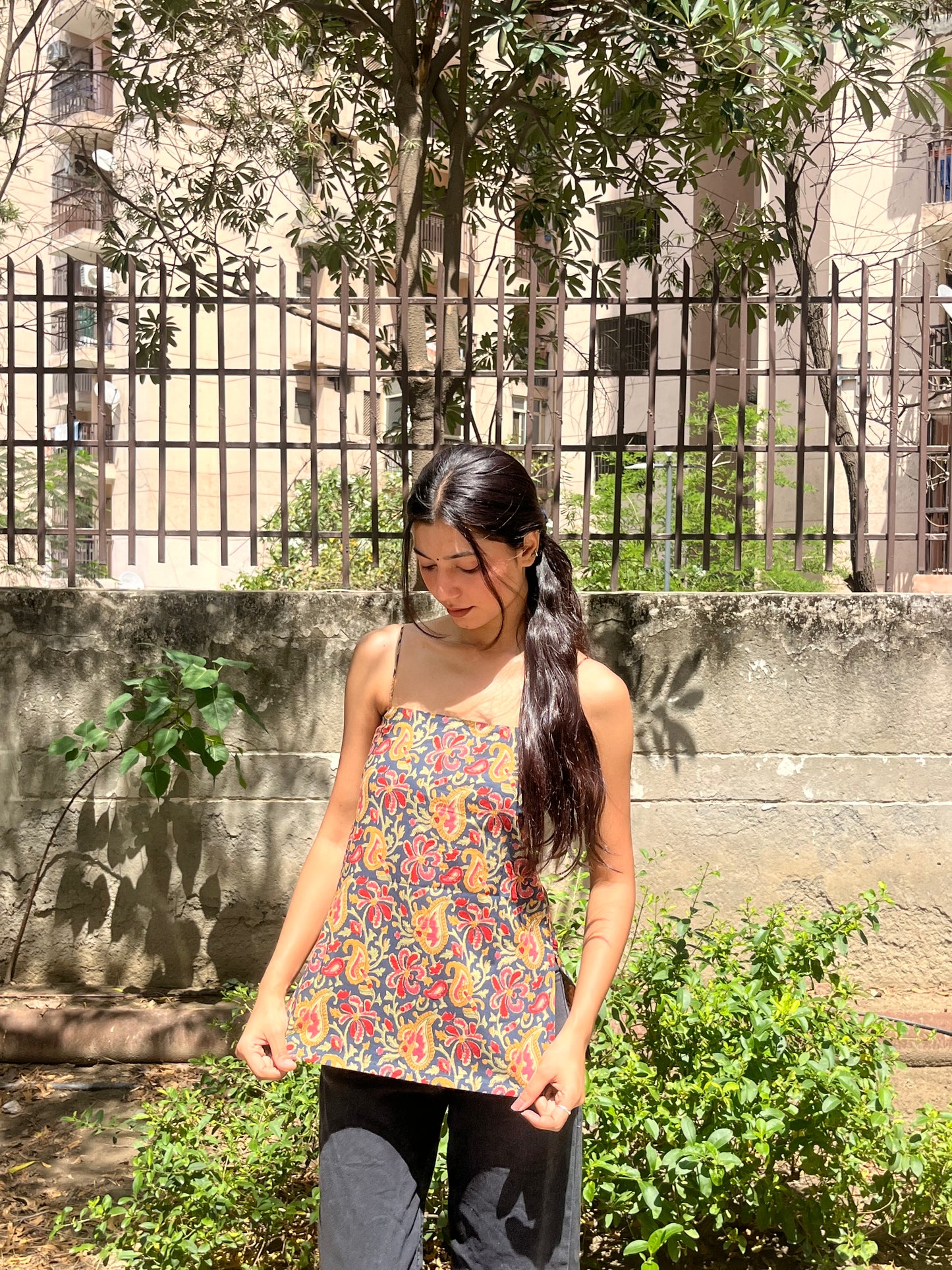 Dark Navy Blue Kalamkari Floral Print Cotton Spaghetti Top for Women