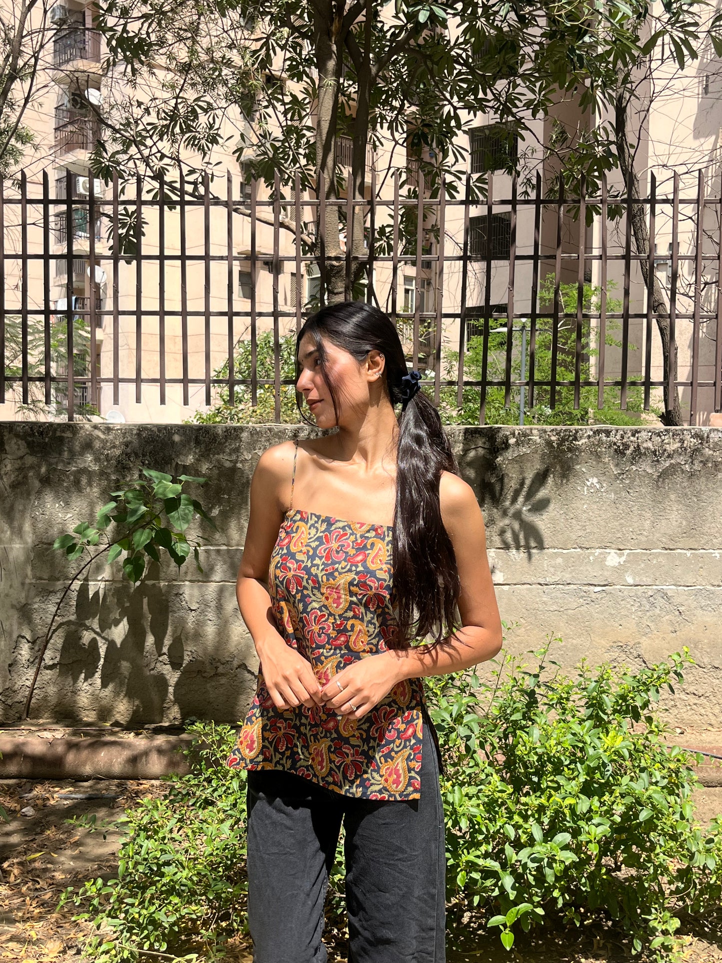 Dark Navy Blue Kalamkari Floral Print Cotton Spaghetti Top for Women