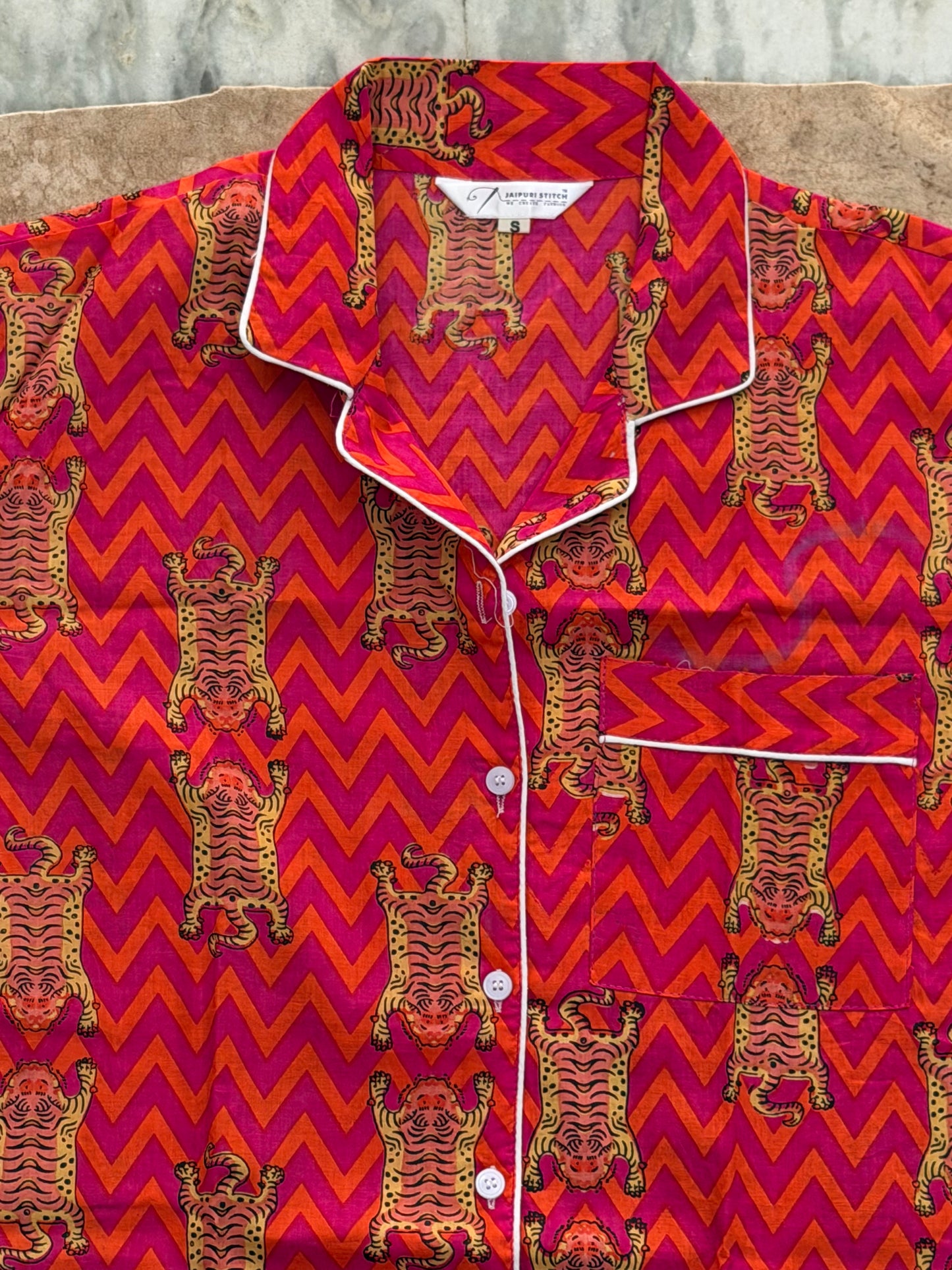 Pink Orange Tiger Chevron Women's Cotton Night Suit