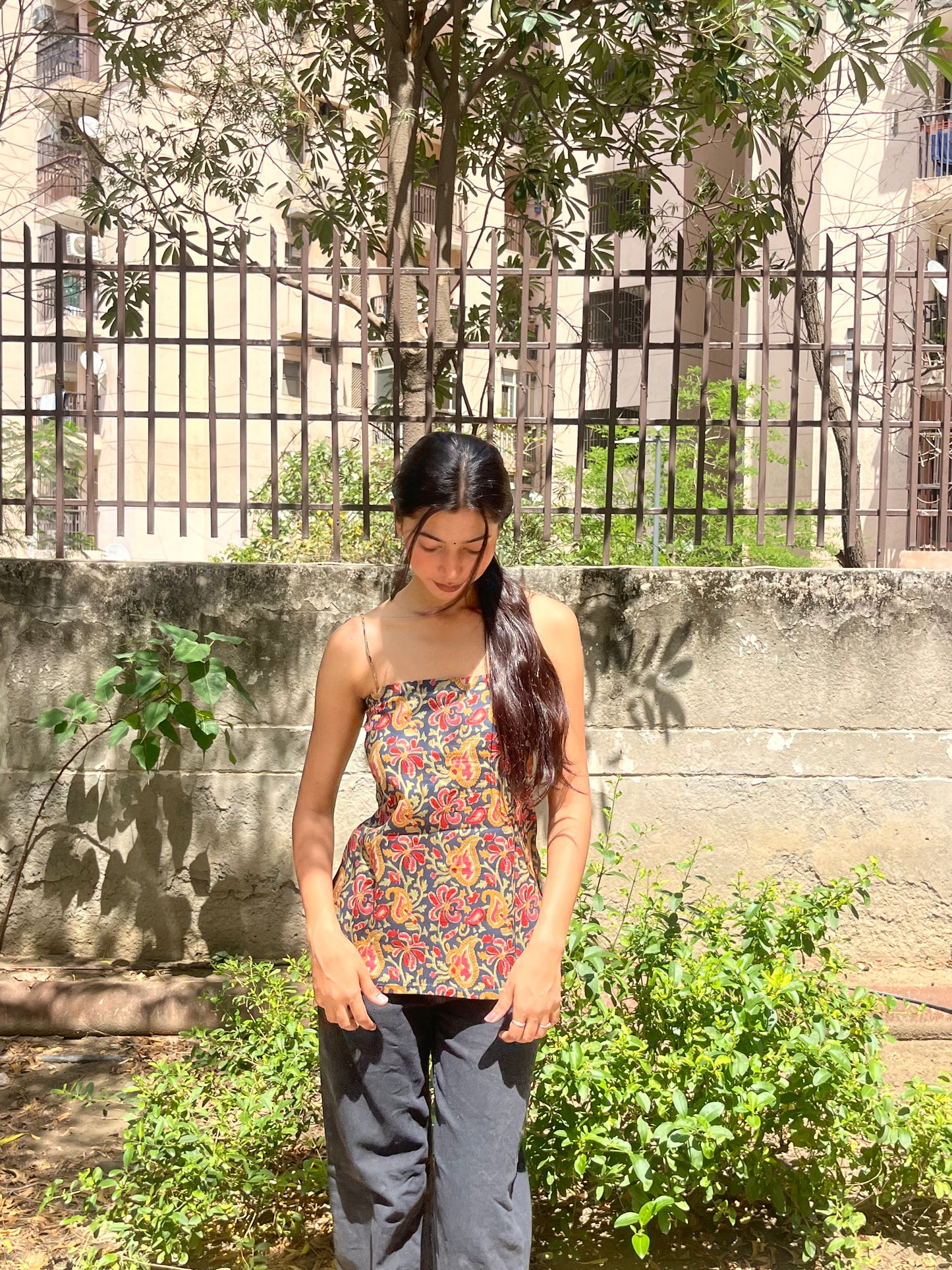 Dark Navy Blue Kalamkari Floral Print Cotton Spaghetti Top for Women