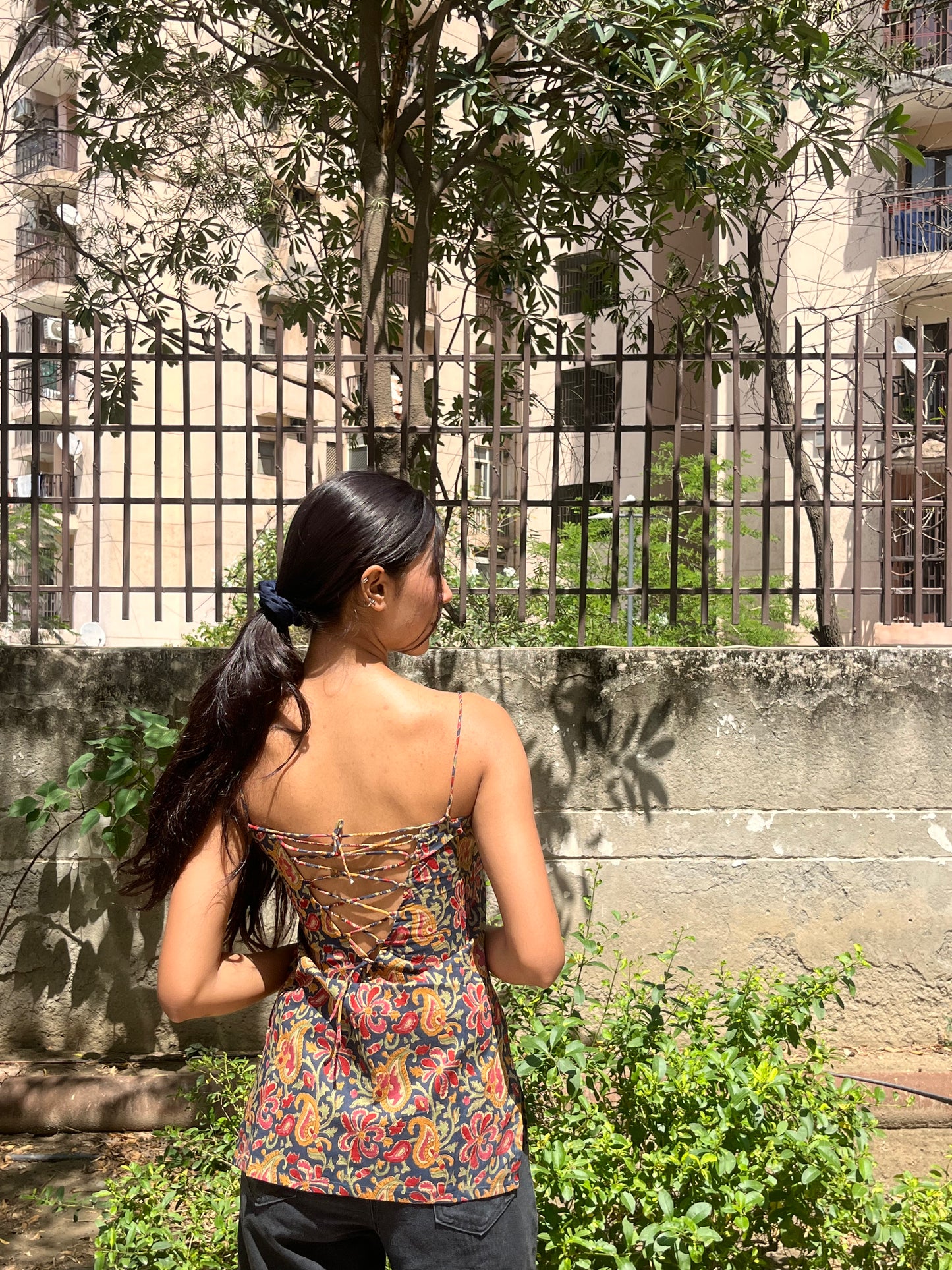 Dark Navy Blue Kalamkari Floral Print Cotton Spaghetti Top for Women